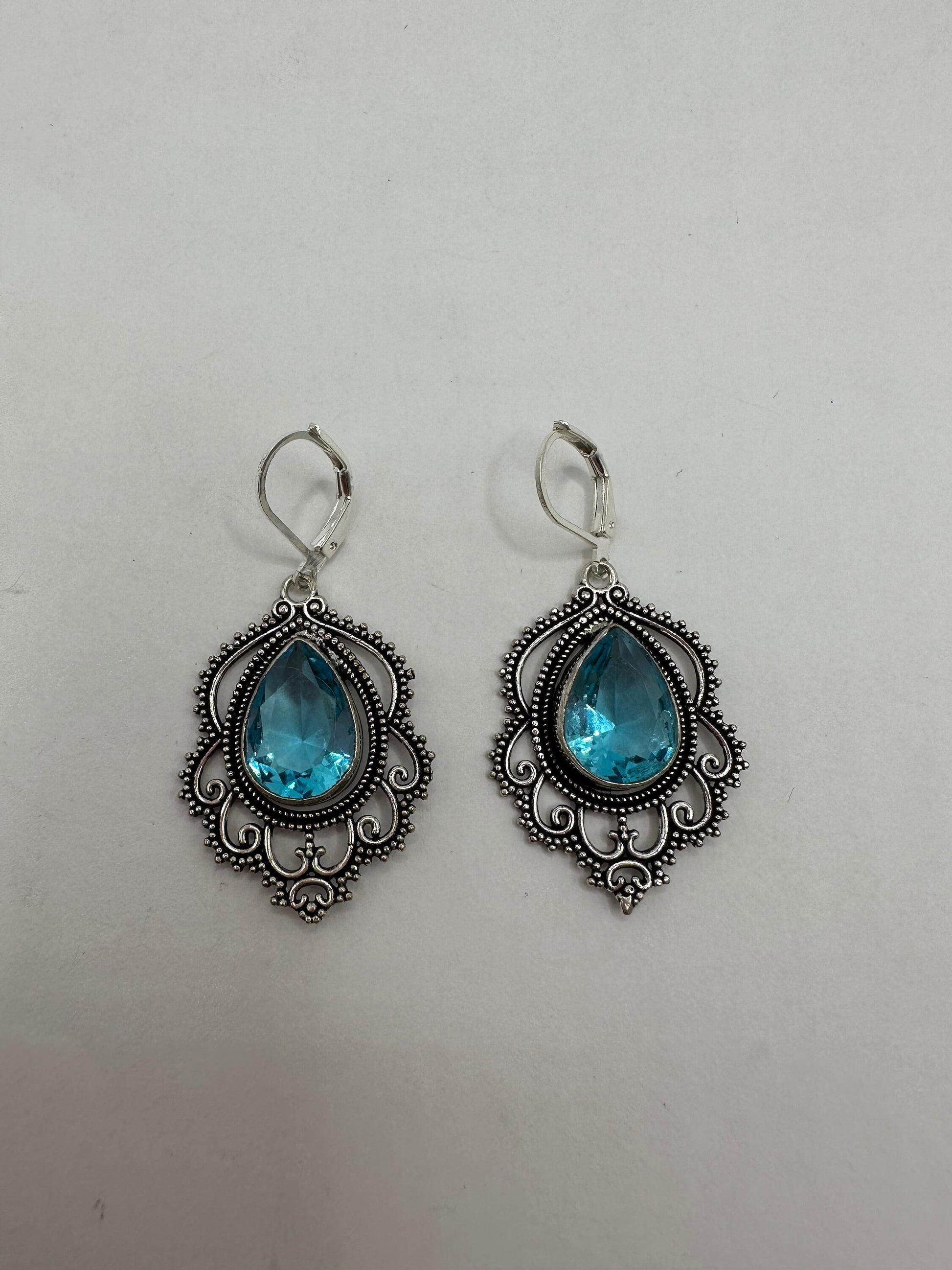 Antique Vintage Aqua Blue Volcanic Glass Silver Dangle Earrings