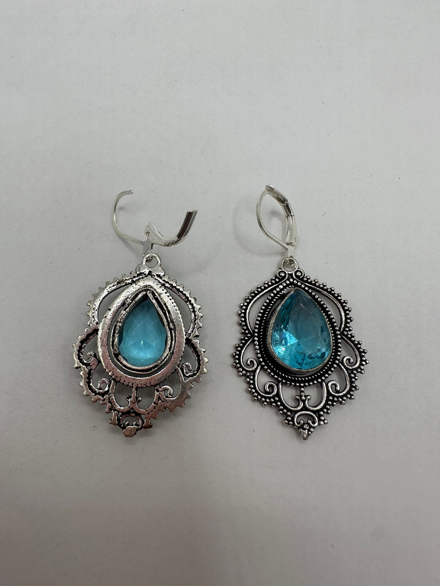 Antique Vintage Aqua Blue Volcanic Glass Silver Dangle Earrings