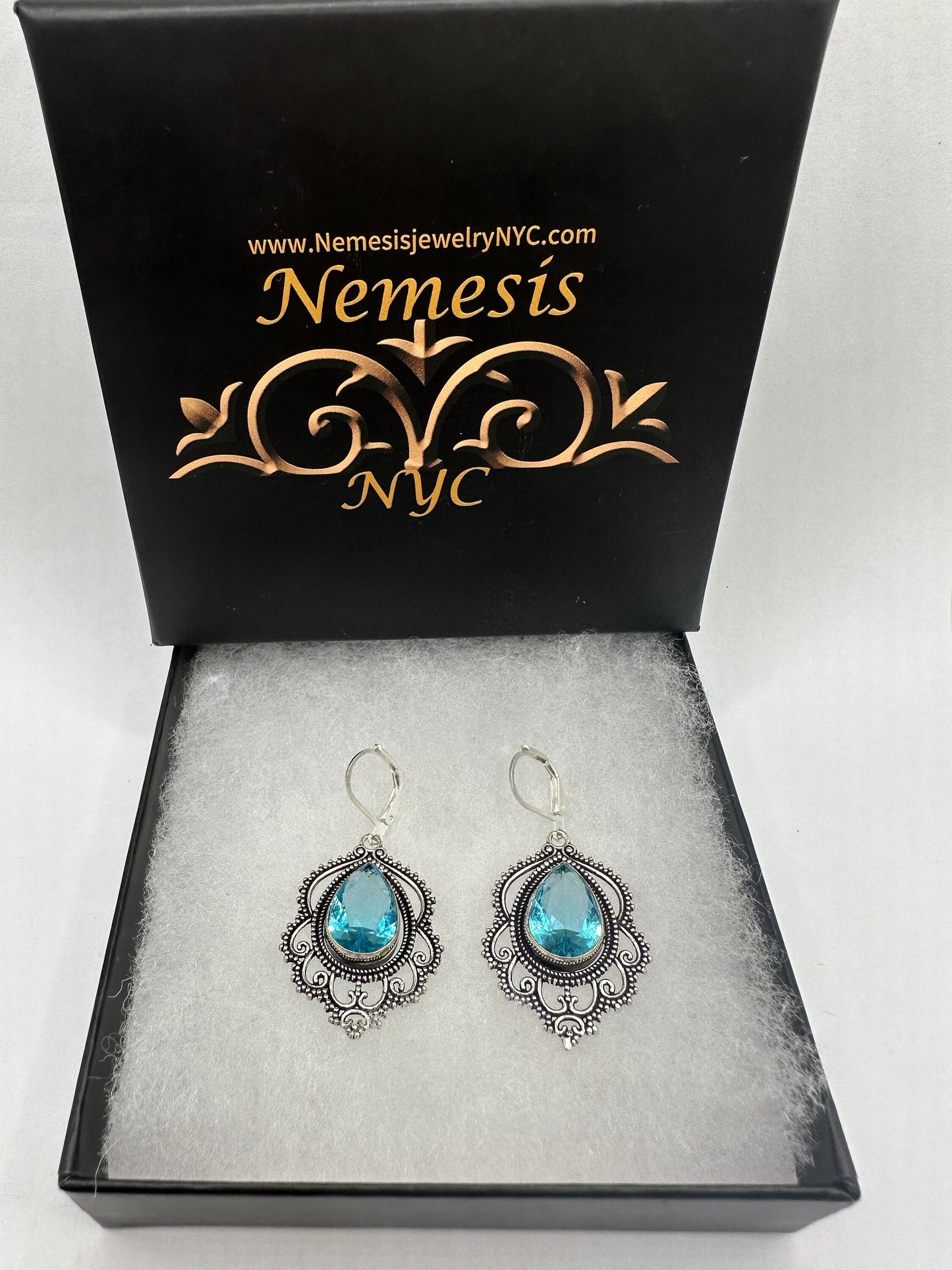 Antique Vintage Aqua Blue Volcanic Glass Silver Dangle Earrings