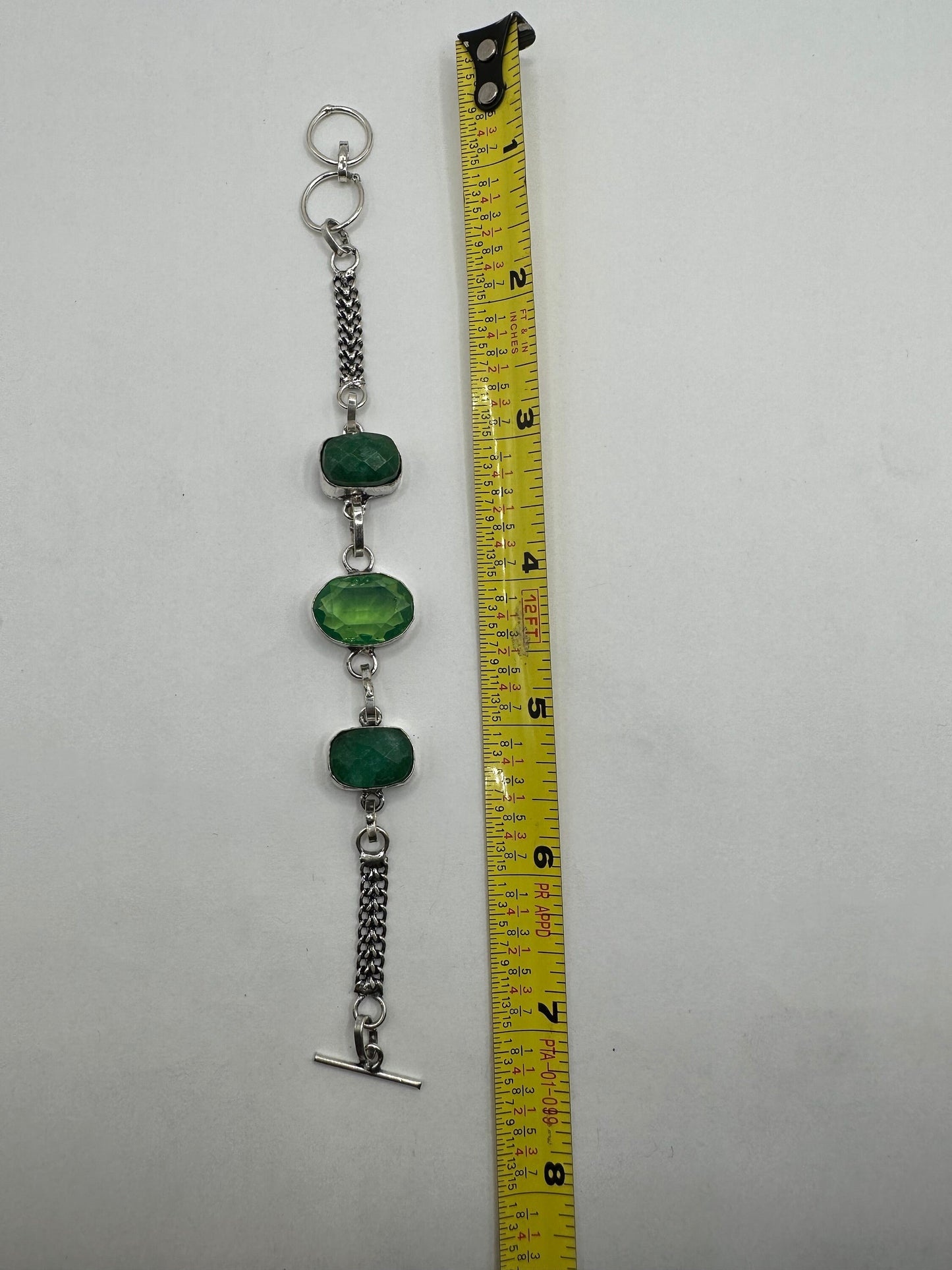 Vintage green raw emerald and glass Silver Toggle Bracelet