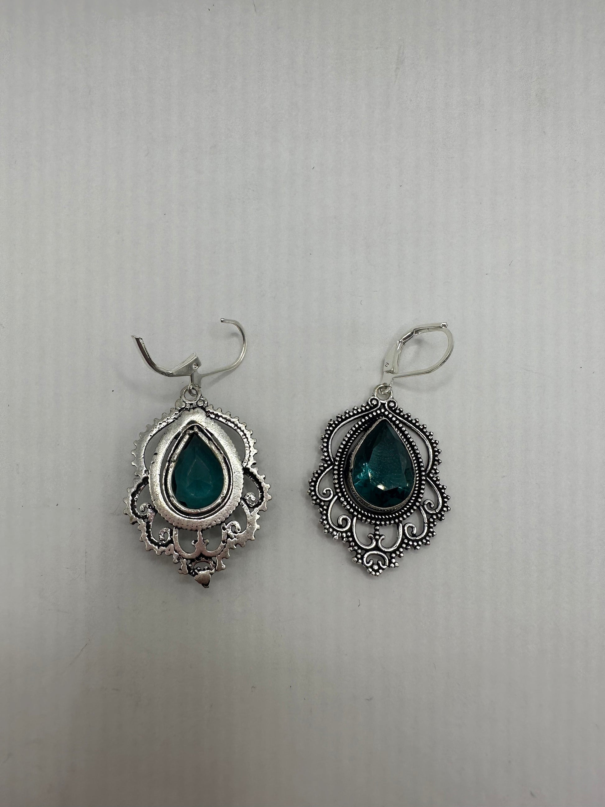 Antique Vintage Aqua Blue Volcanic Glass Silver Dangle Earrings