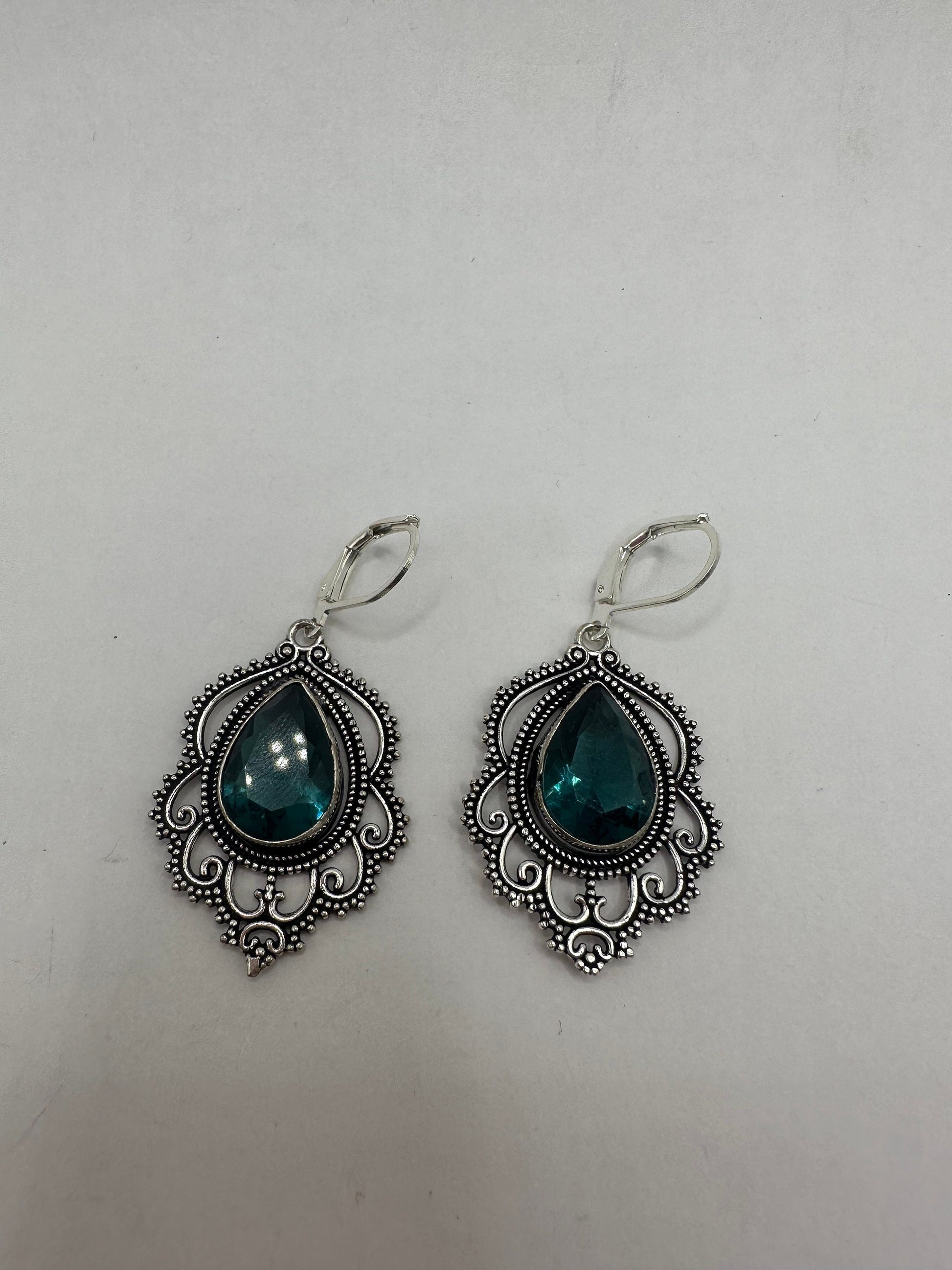 Antique Vintage Aqua Blue Volcanic Glass Silver Dangle Earrings