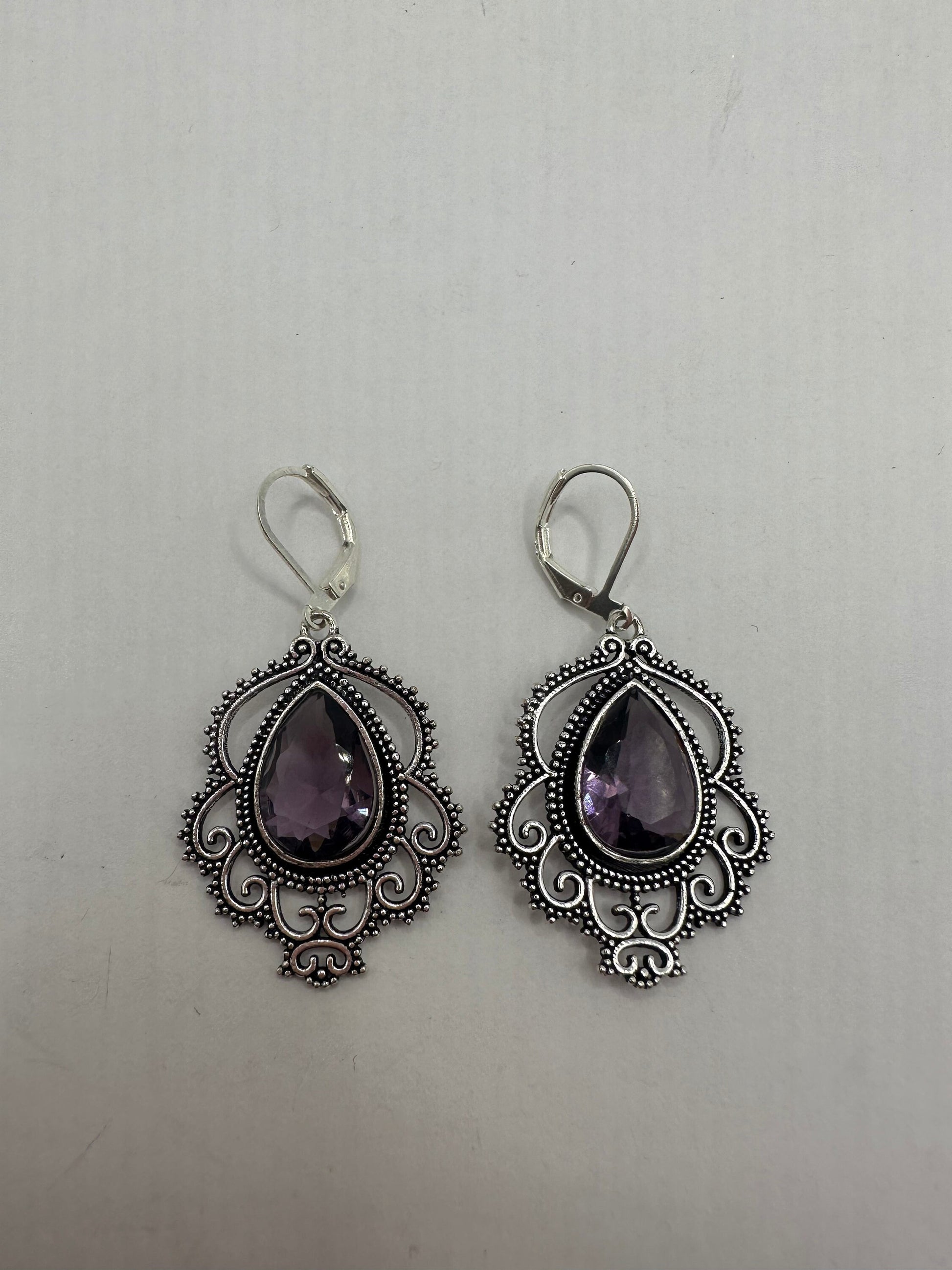 Antique Vintage Amethyst Glass Silver Dangle Earrings