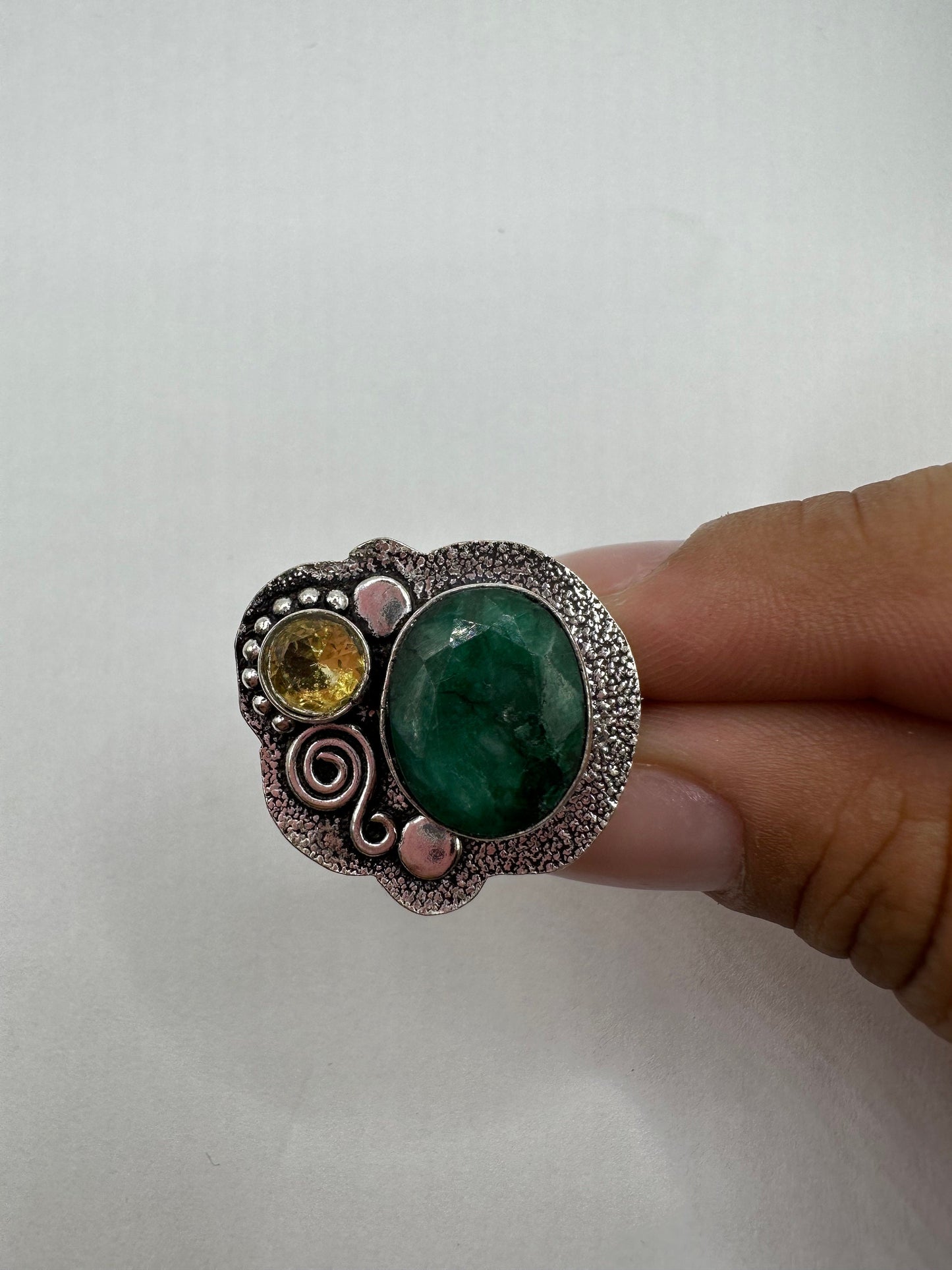 Vintage Green Raw Emerald Silver Bronze Statement Boho Ring