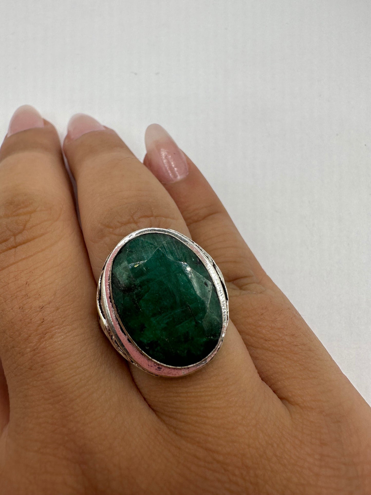 Vintage Green Raw Emerald Silver Bronze Statement Boho Ring