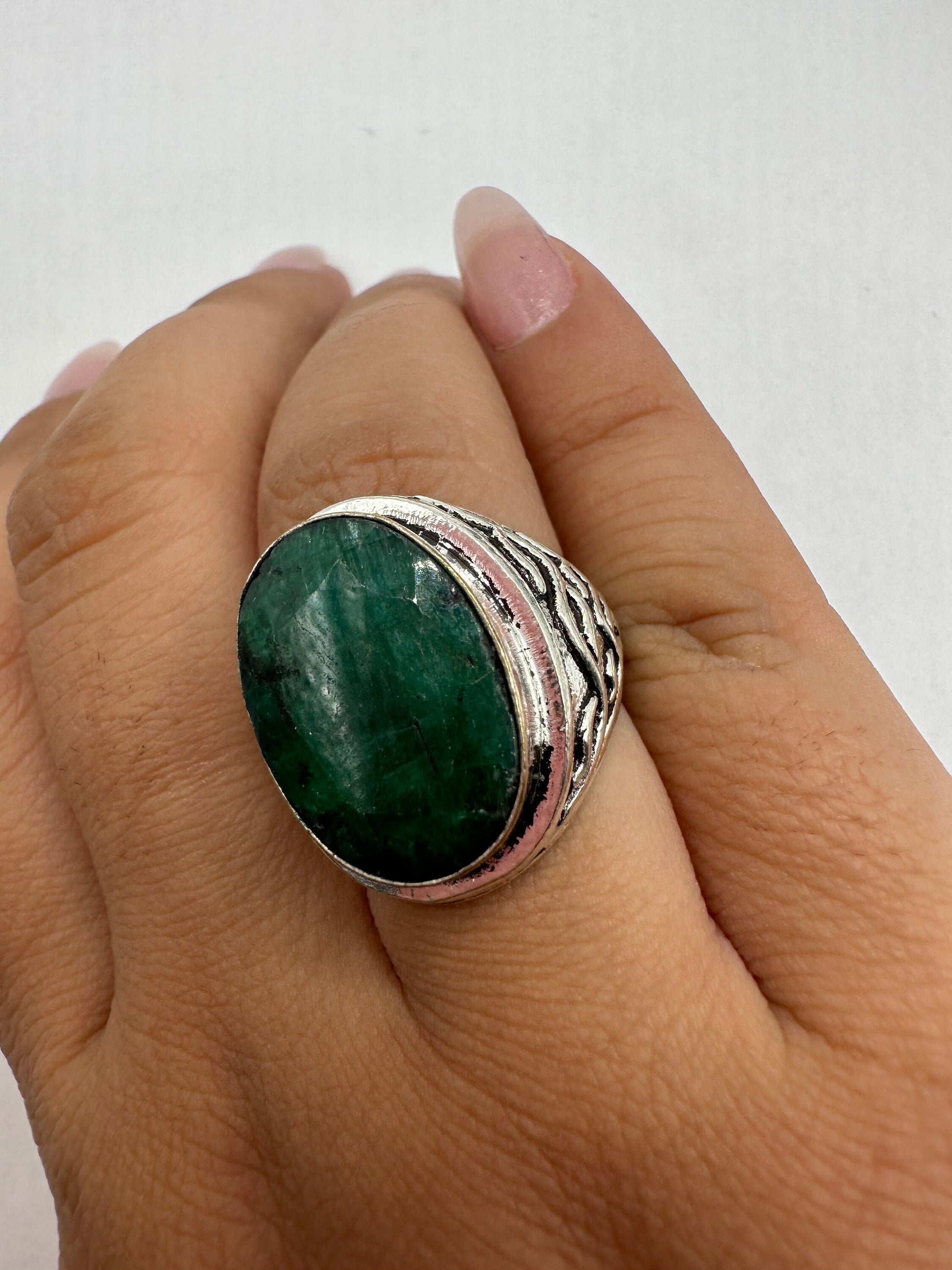 Vintage Green Raw Emerald Silver Bronze Statement Boho Ring