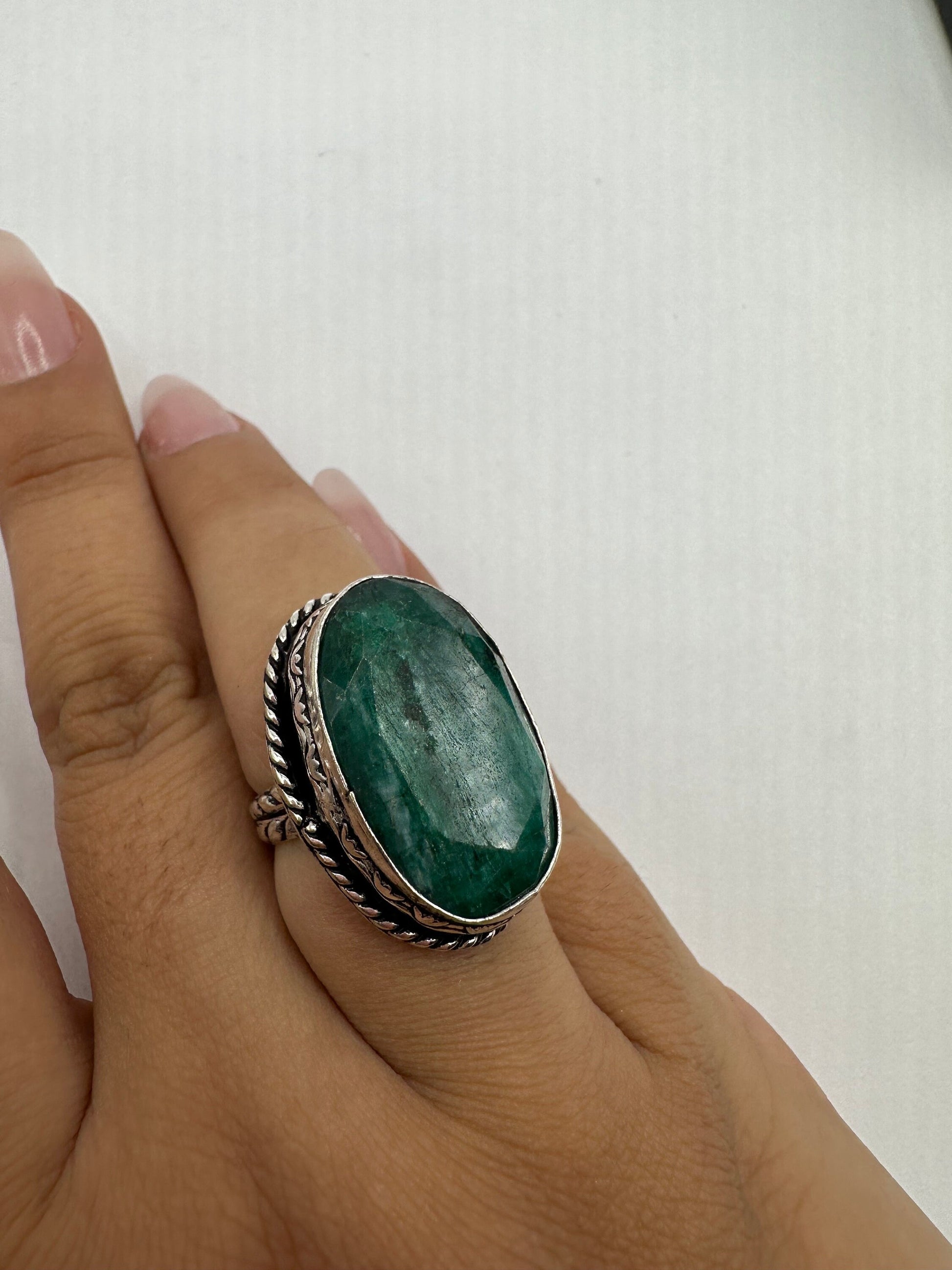 Vintage Green Raw Emerald Silver Bronze Statement Boho Ring