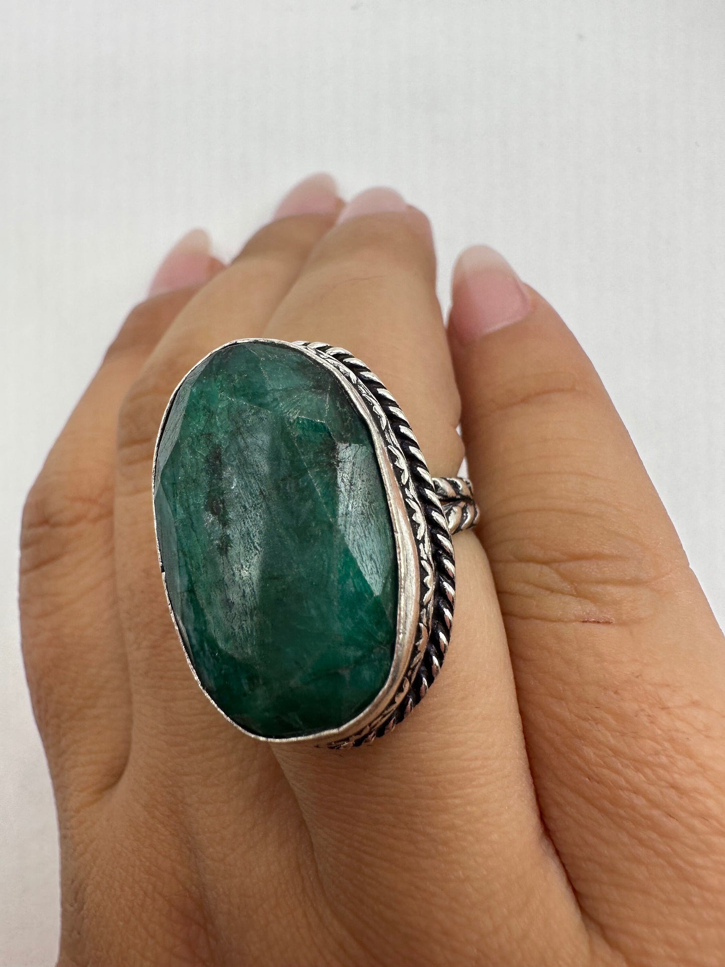 Vintage Green Raw Emerald Silver Bronze Statement Boho Ring