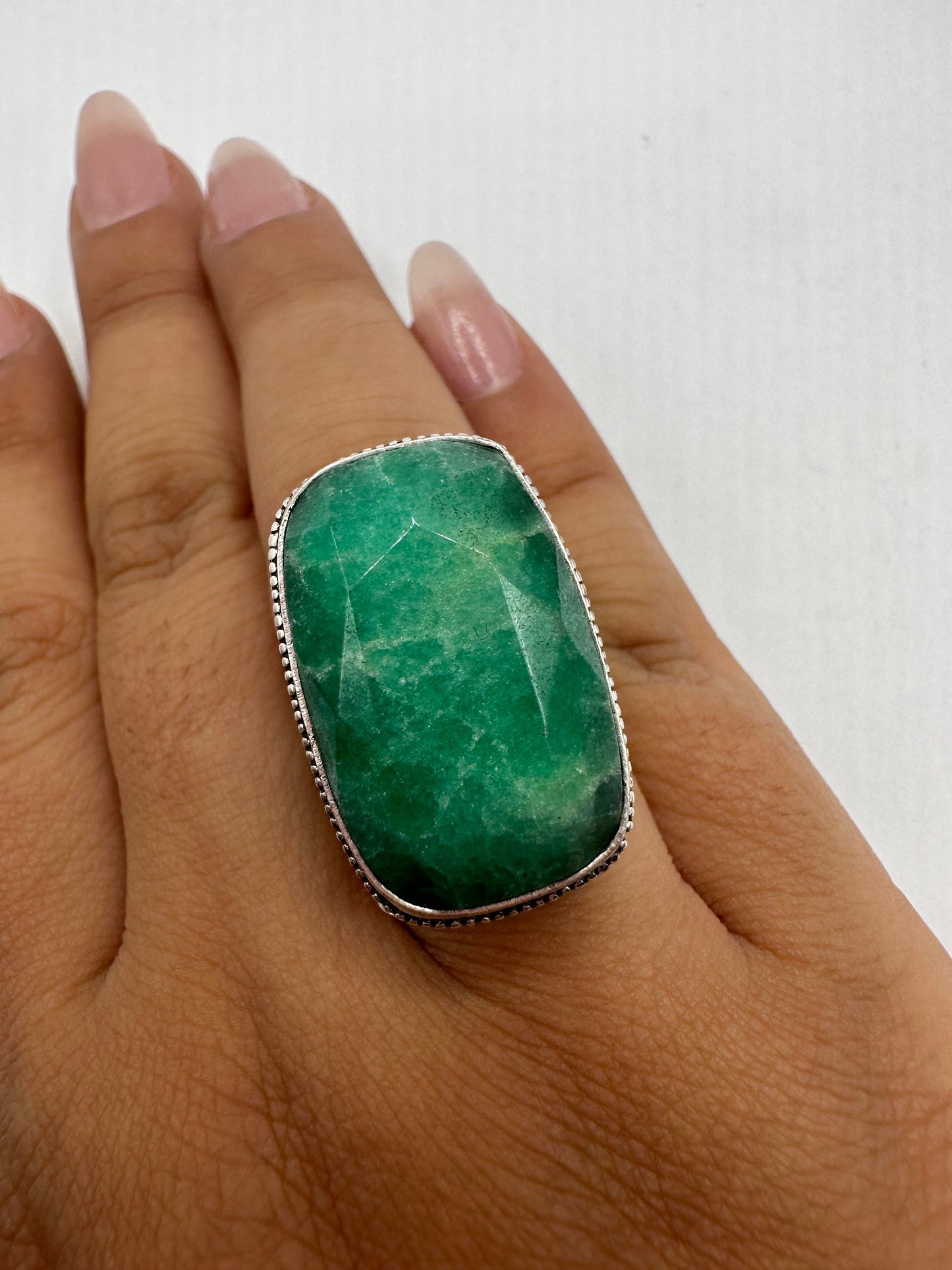 Vintage Green Raw Emerald Silver Bronze Statement Boho Ring