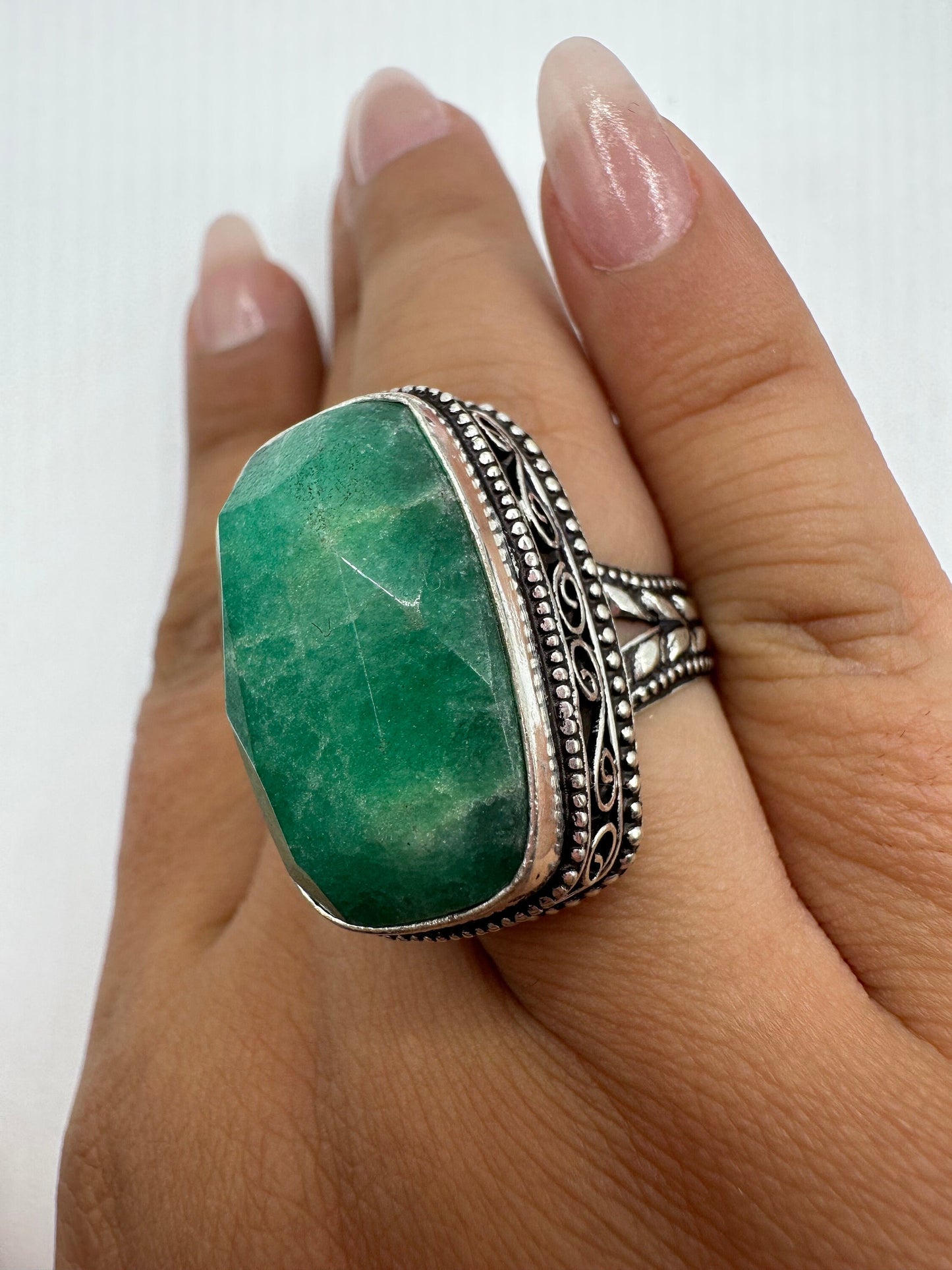 Vintage Green Raw Emerald Silver Bronze Statement Boho Ring