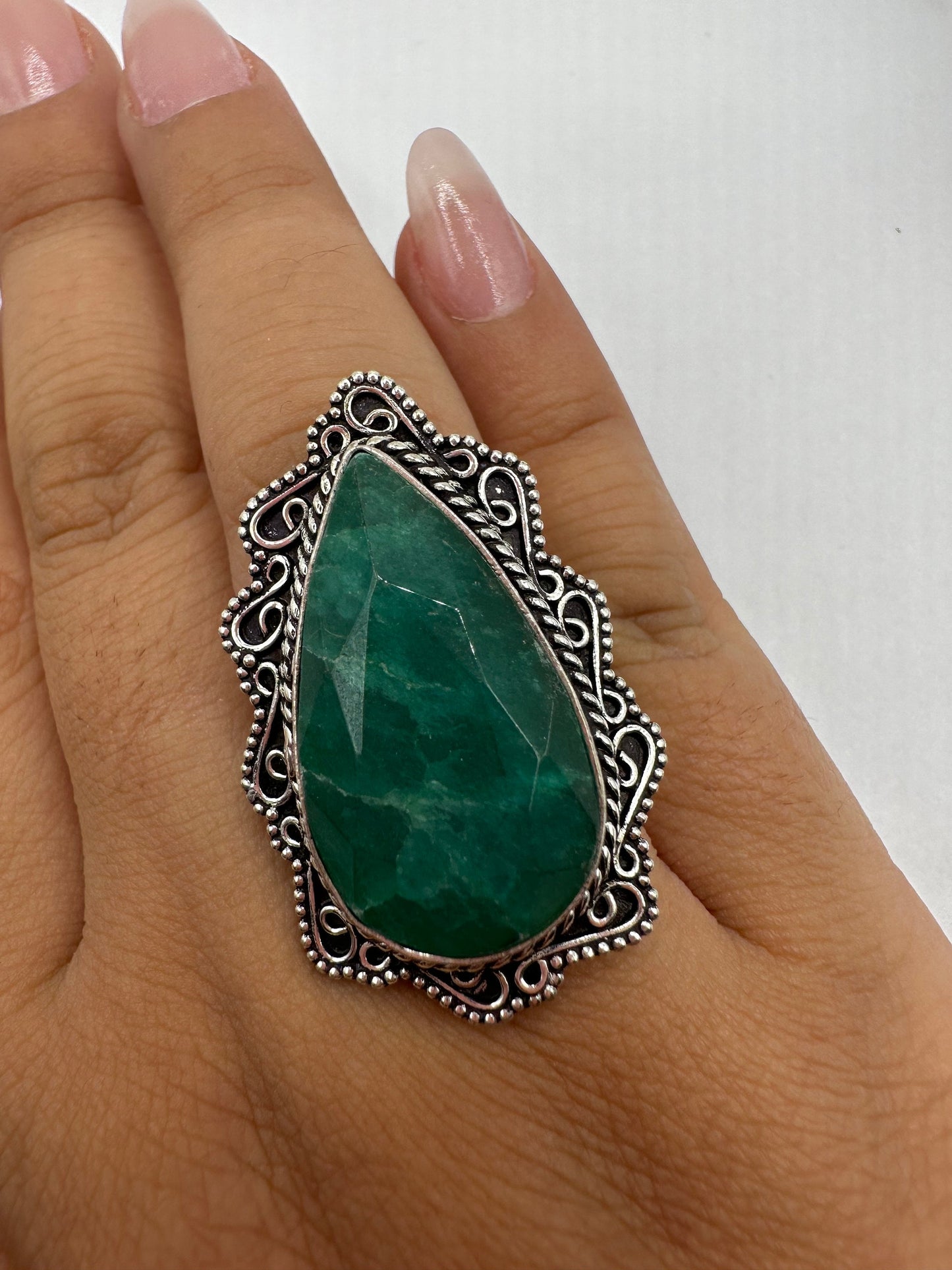 Vintage Green Raw Emerald Silver Bronze Statement Boho Ring