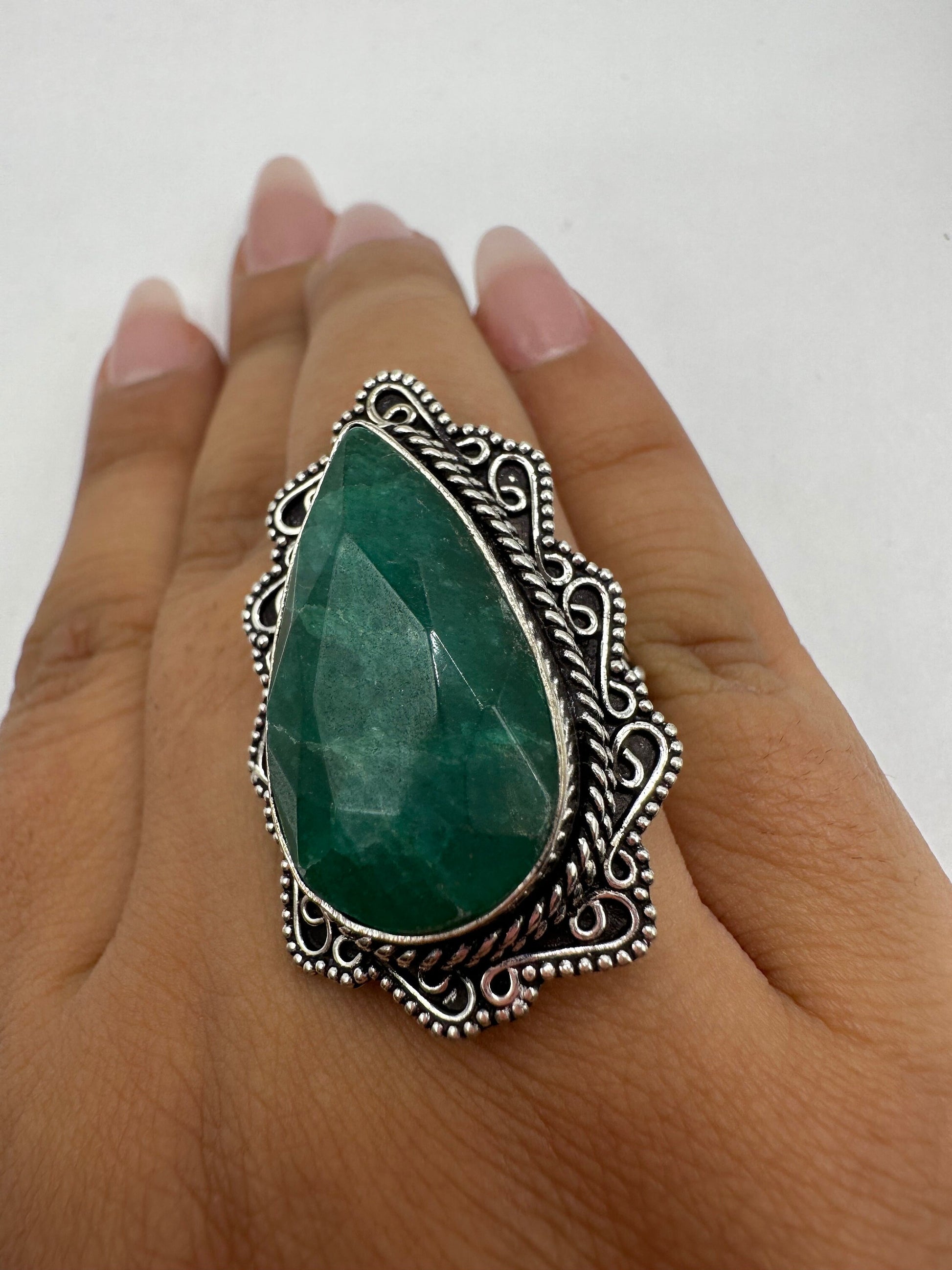 Vintage Green Raw Emerald Silver Bronze Statement Boho Ring