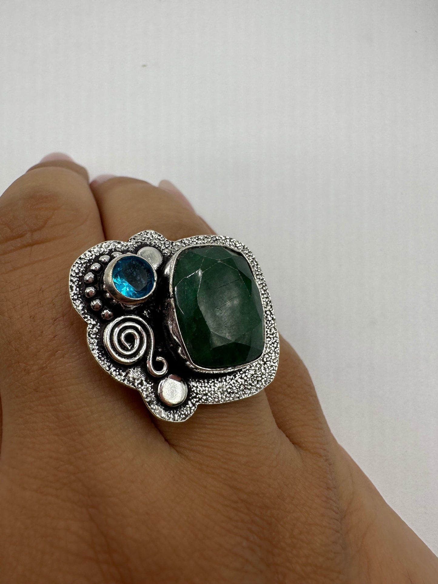 Vintage Green Raw Emerald Silver Bronze Statement Boho Ring