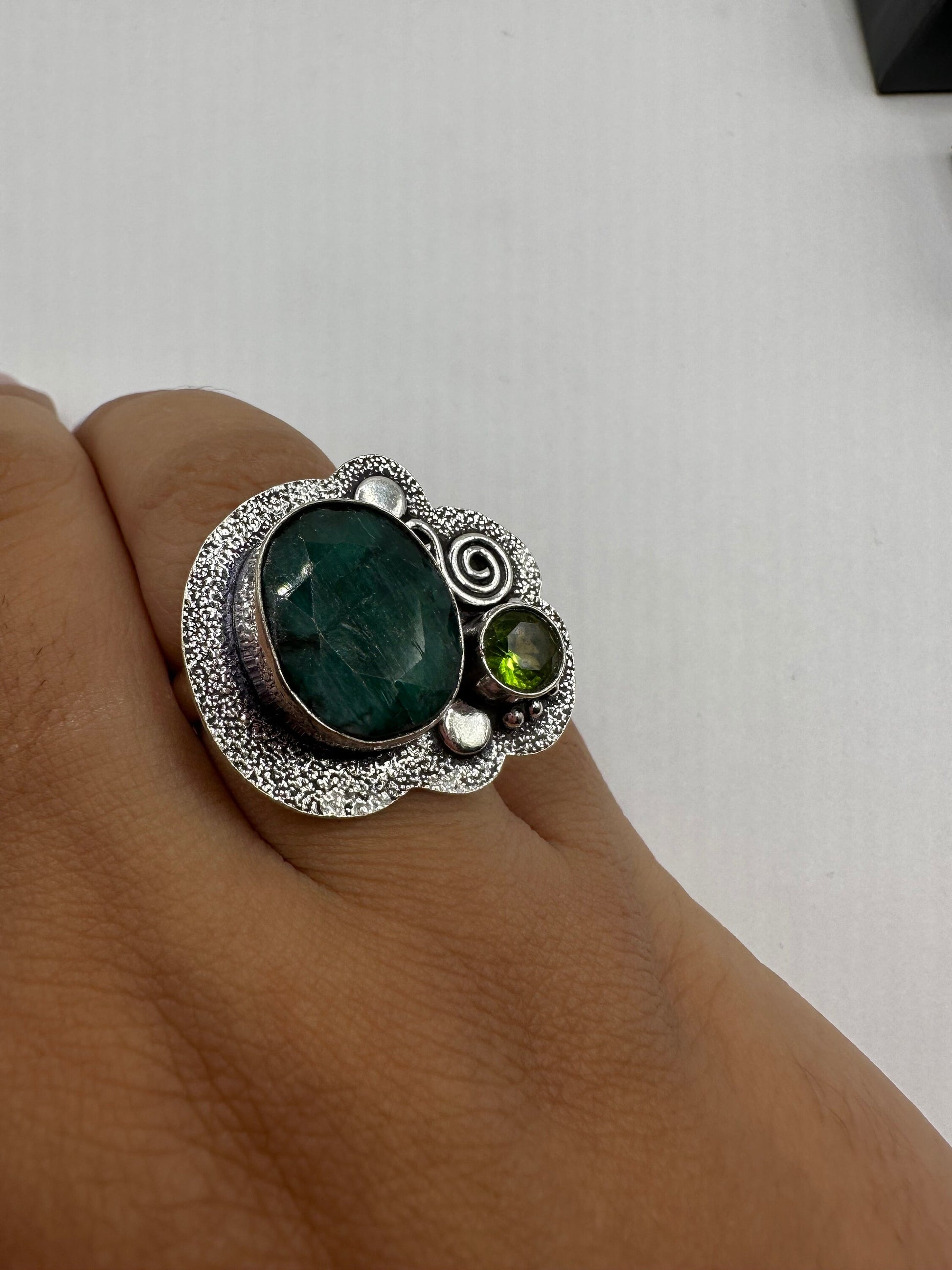 Vintage Green Raw Emerald Silver Bronze Statement Boho Ring