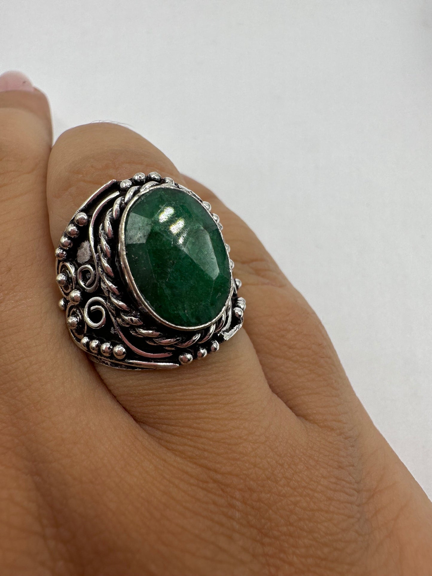 Vintage Green Raw Emerald Silver Bronze Statement Boho Ring