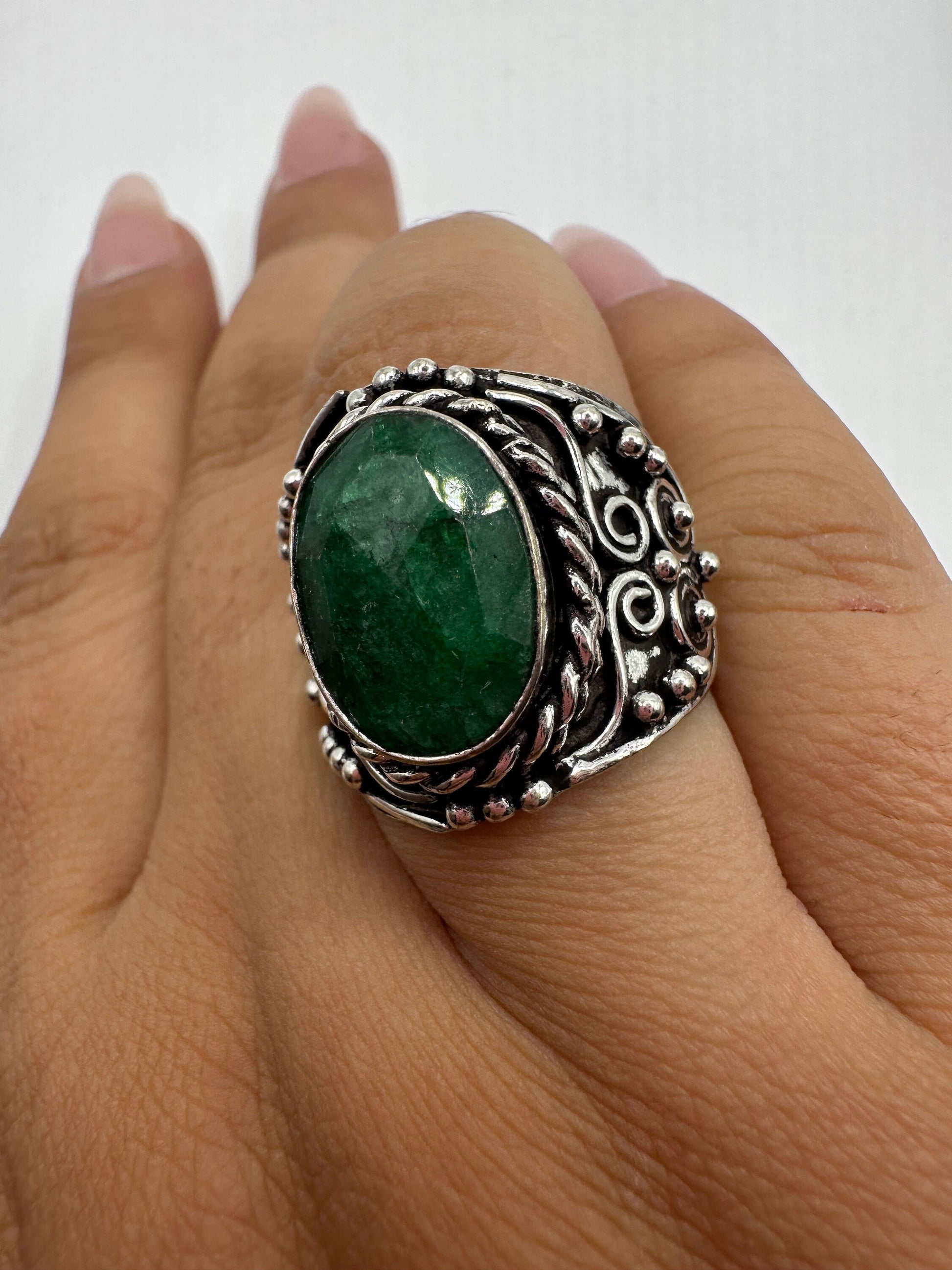 Vintage Green Raw Emerald Silver Bronze Statement Boho Ring