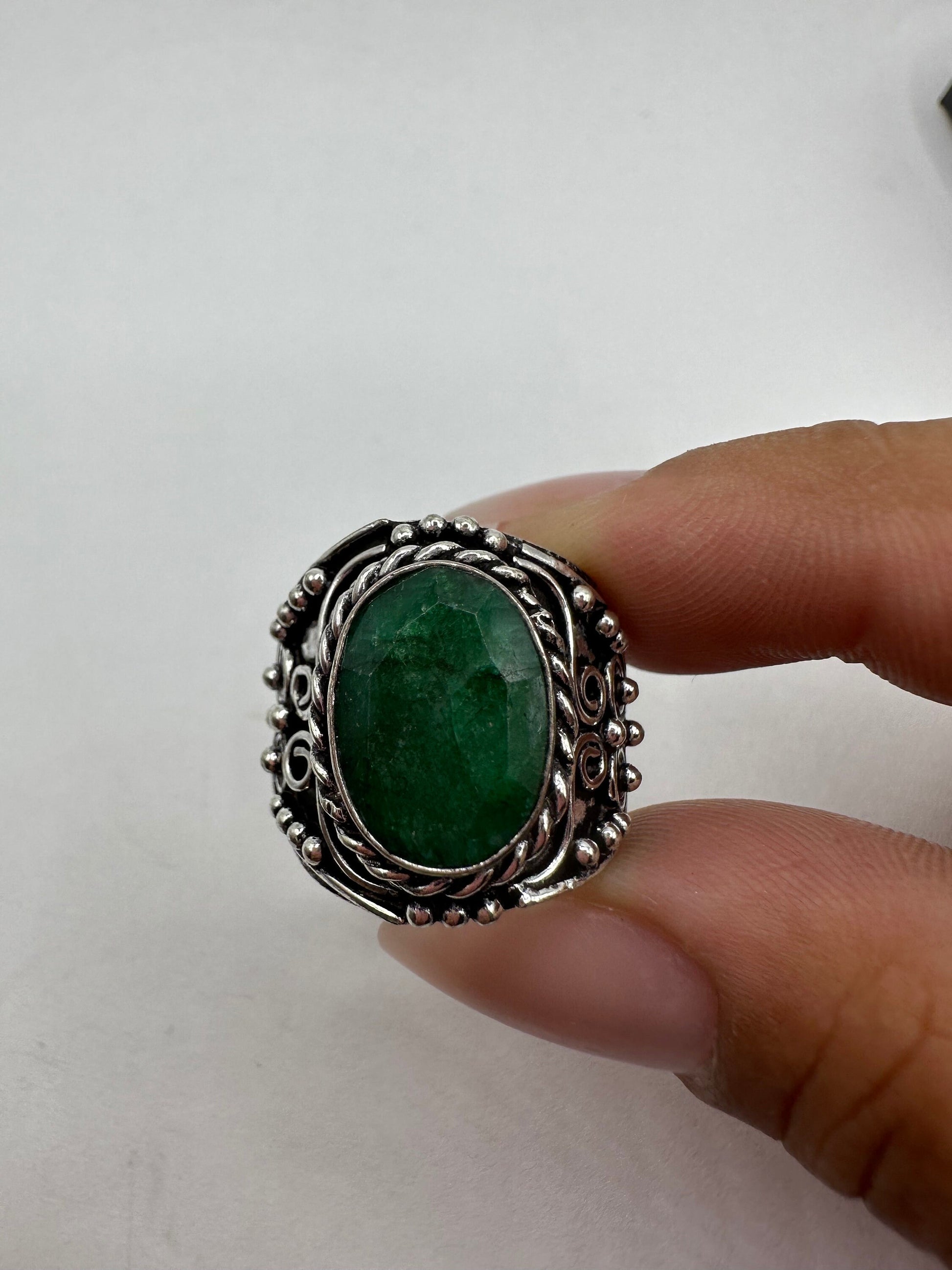 Vintage Green Raw Emerald Silver Bronze Statement Boho Ring