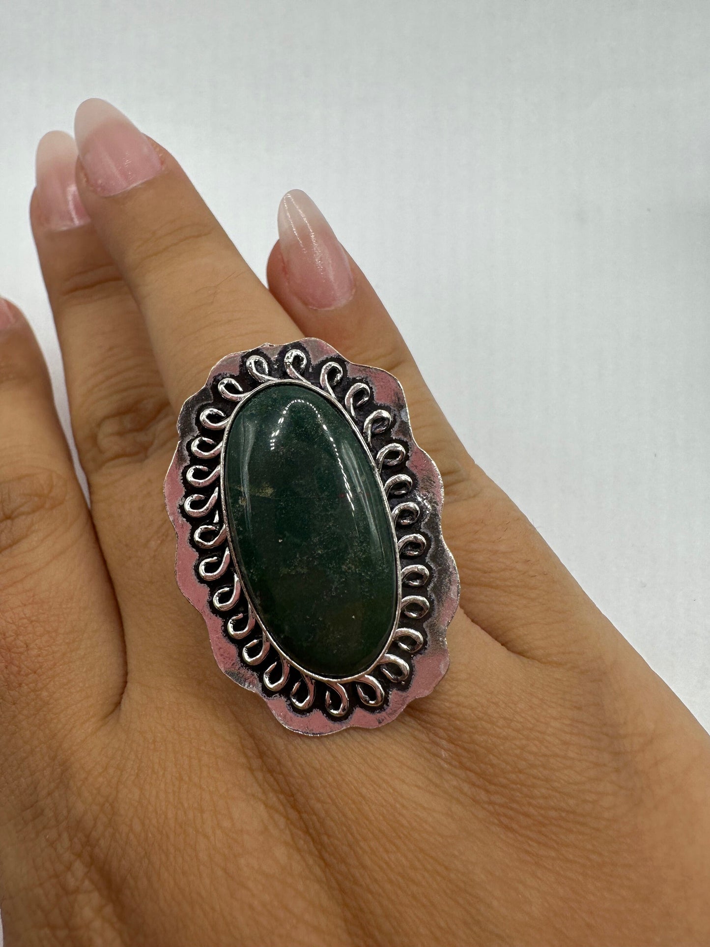 Vintage Green Raw Emerald Silver Bronze Statement Boho Ring