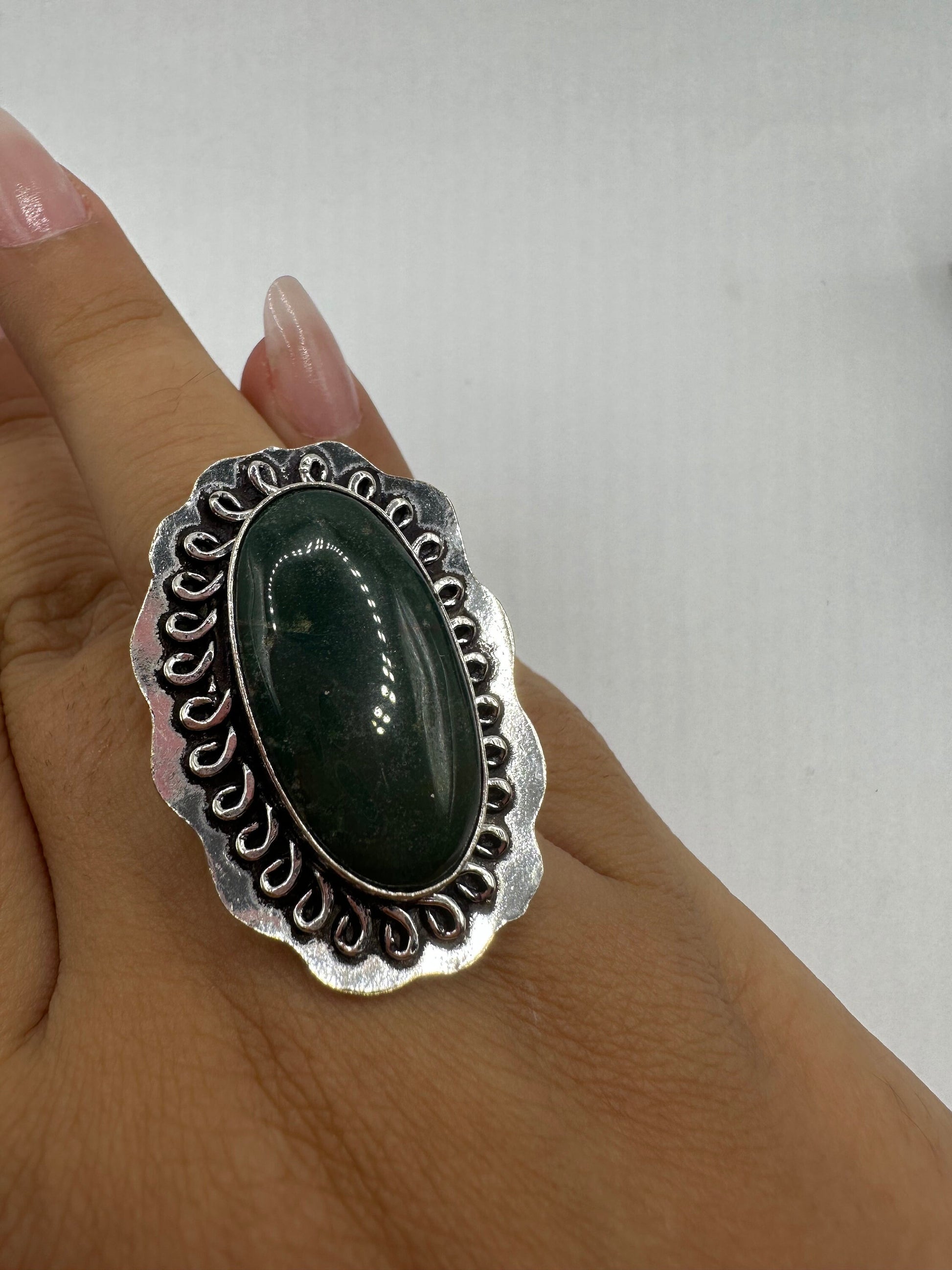 Vintage Green Raw Emerald Silver Bronze Statement Boho Ring