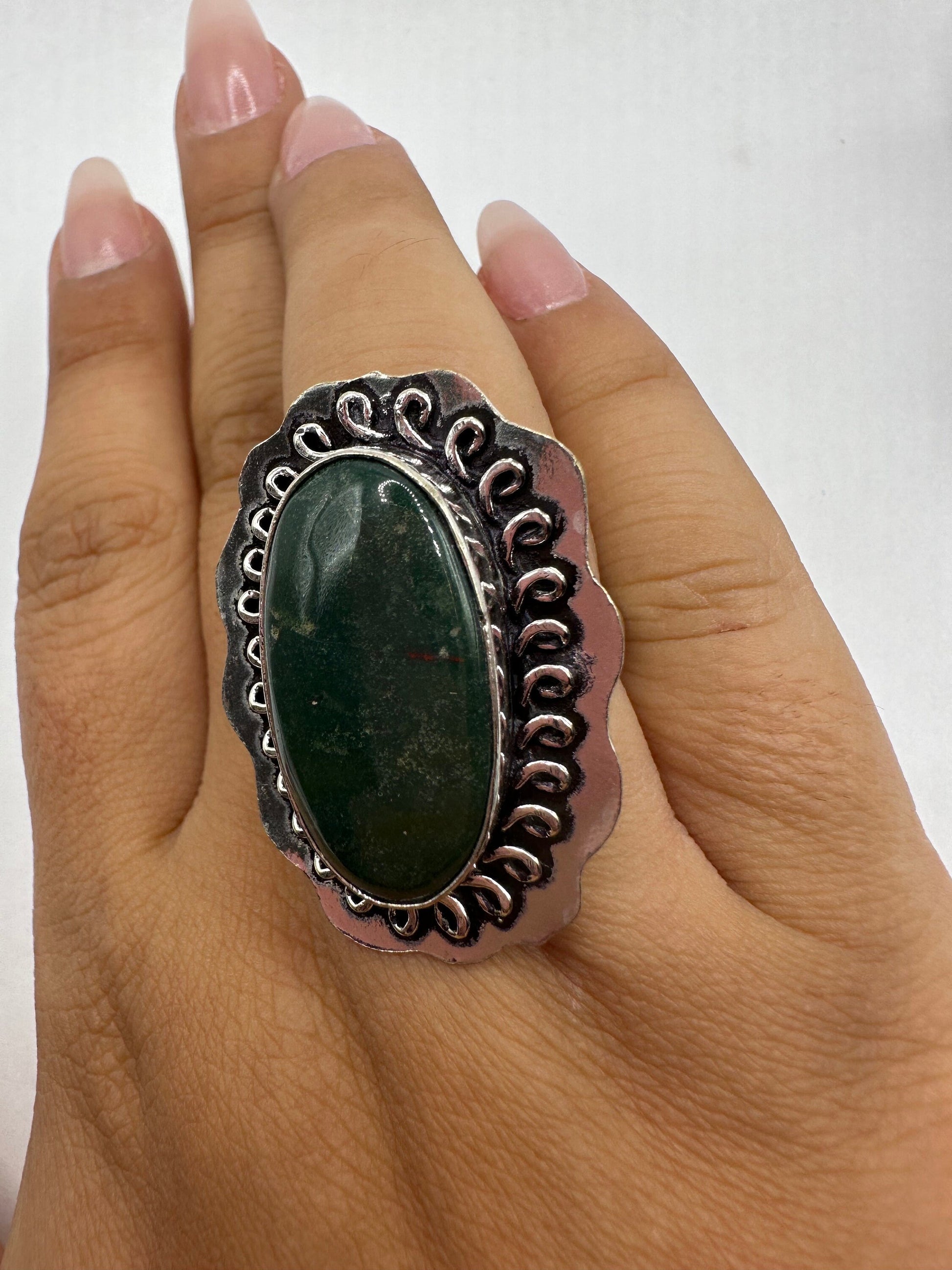 Vintage Green Raw Emerald Silver Bronze Statement Boho Ring