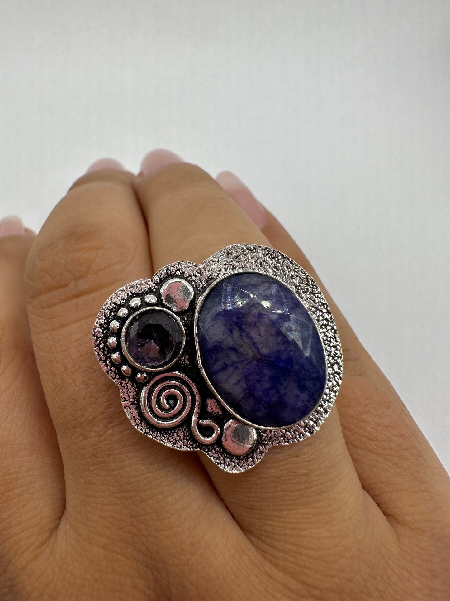 Vintage Raw Blue Sapphire White Bronze Silver Cocktail Ring