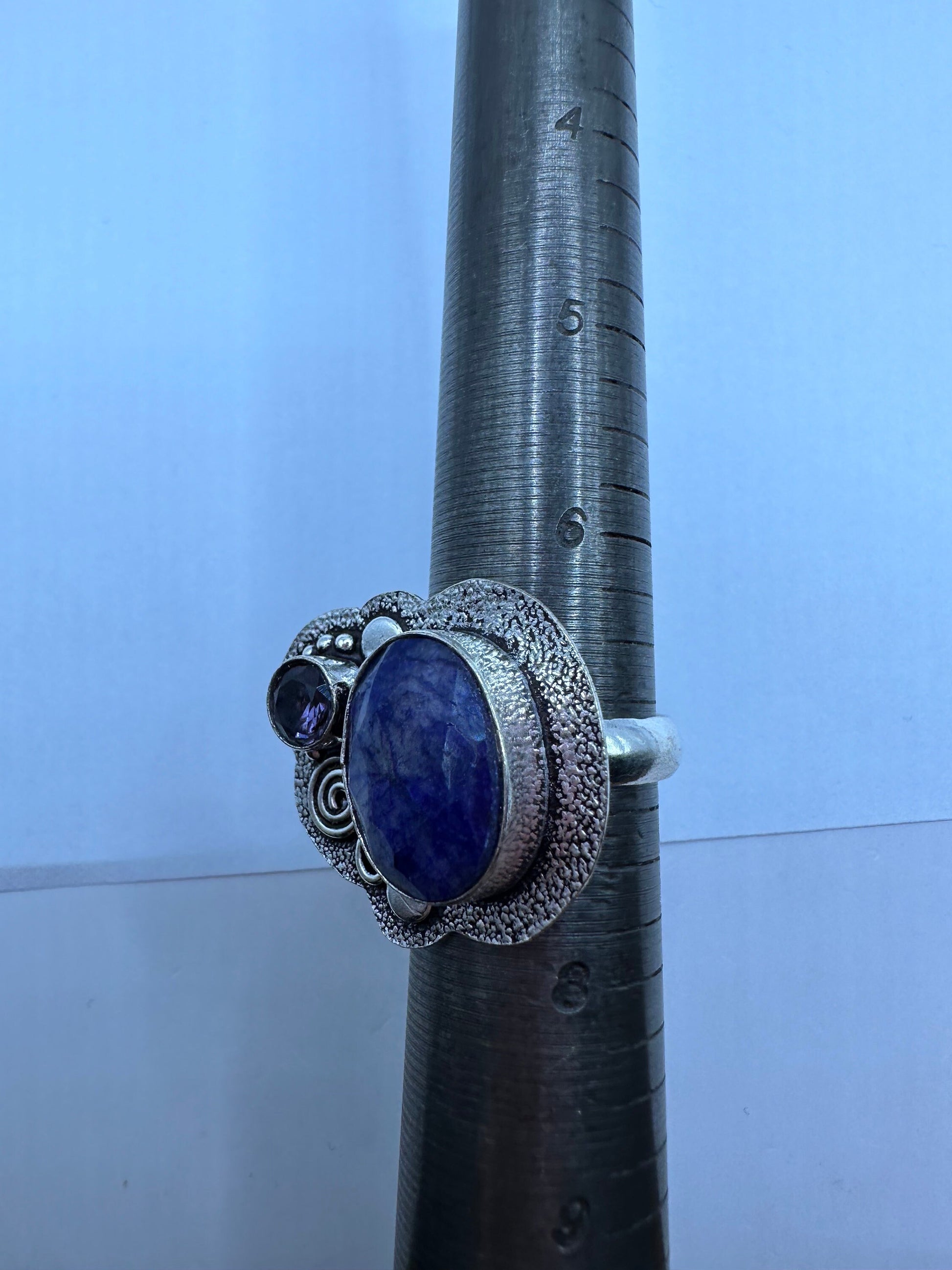 Vintage Raw Blue Sapphire White Bronze Silver Cocktail Ring