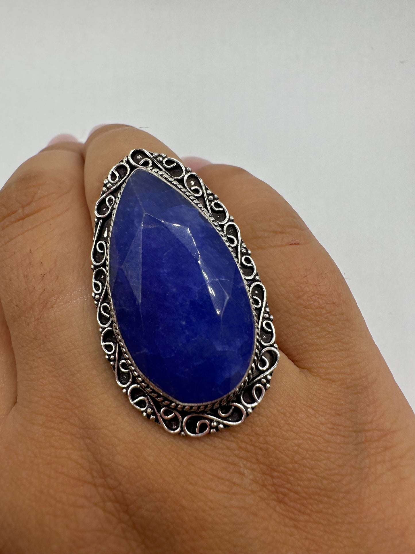 Vintage Raw Blue Sapphire White Bronze Silver Cocktail Ring