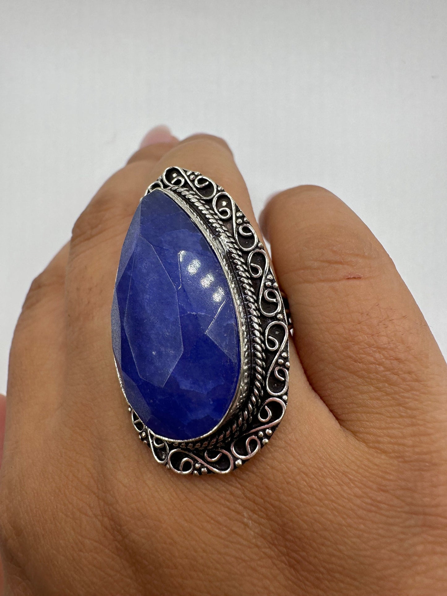 Vintage Raw Blue Sapphire White Bronze Silver Cocktail Ring