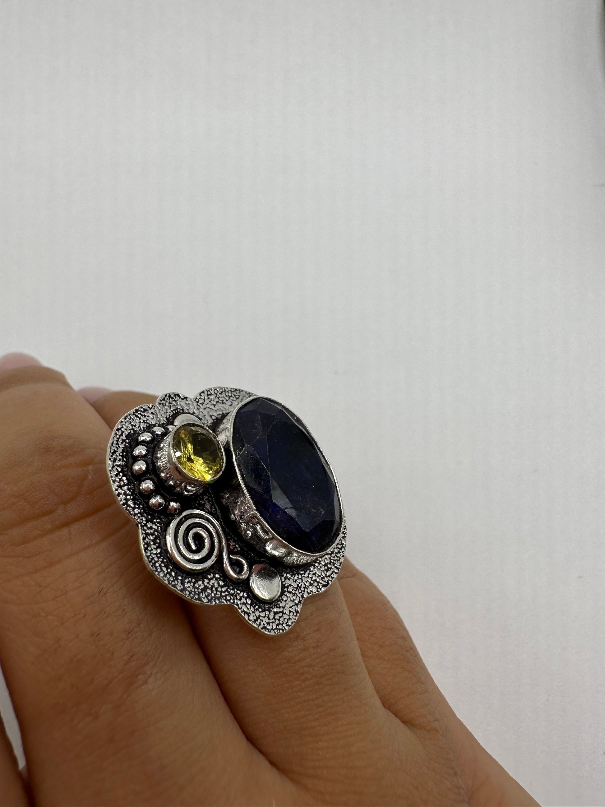 Vintage Raw Blue Sapphire White Bronze Silver Cocktail Ring
