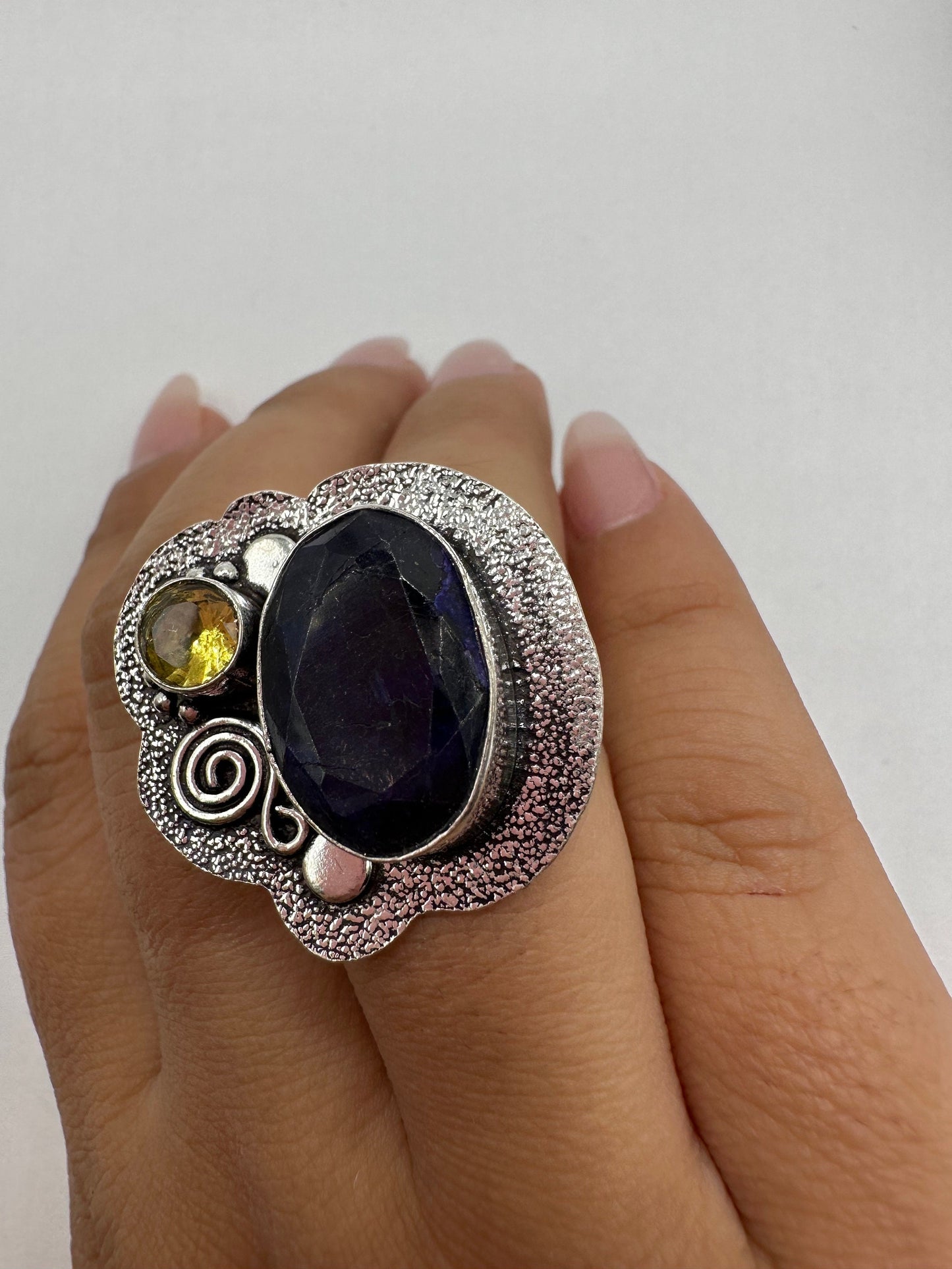 Vintage Raw Blue Sapphire White Bronze Silver Cocktail Ring