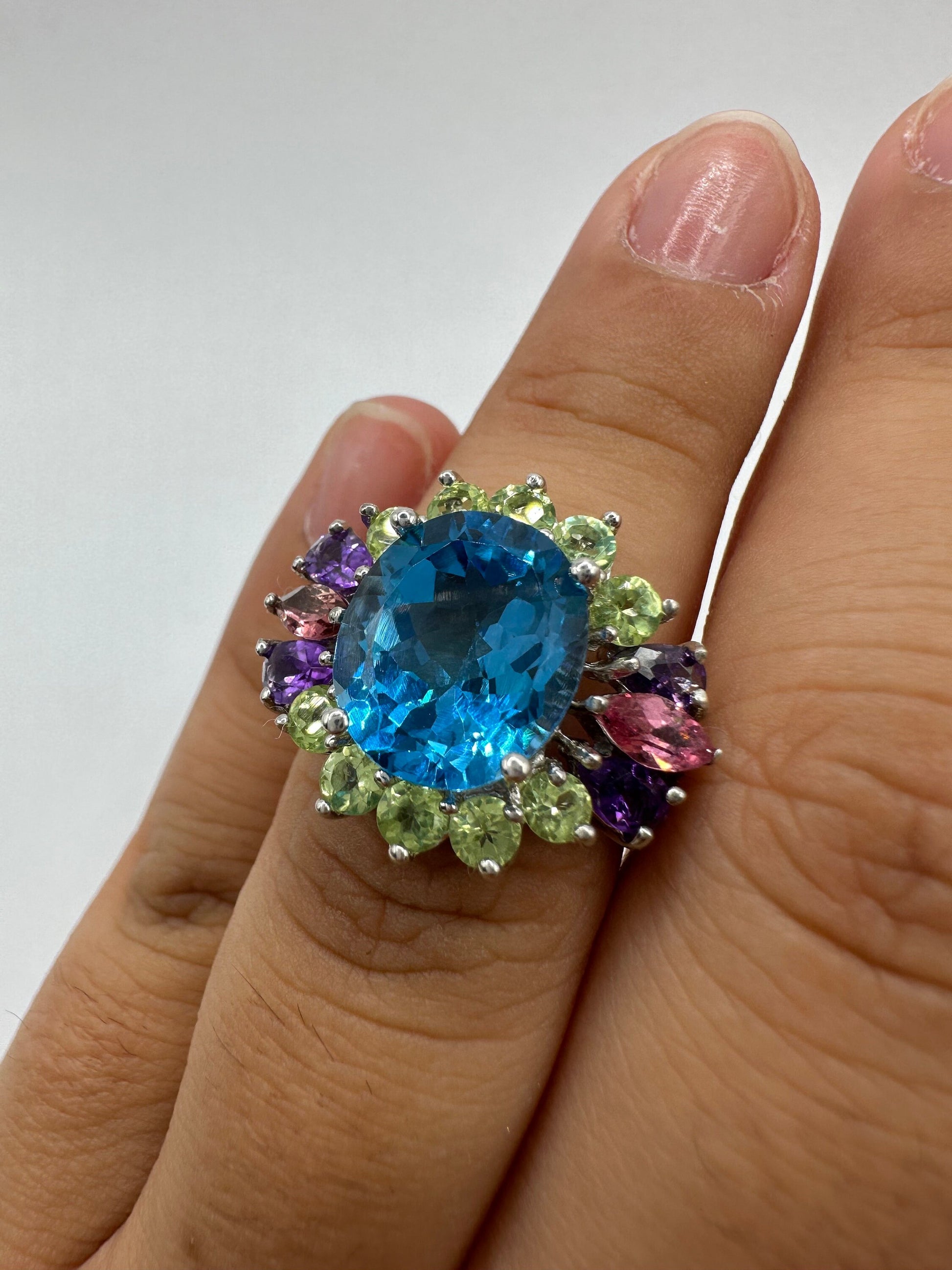 Vintage geniune blue topaz mix gemstone 925 sterling silver cocktail Ring