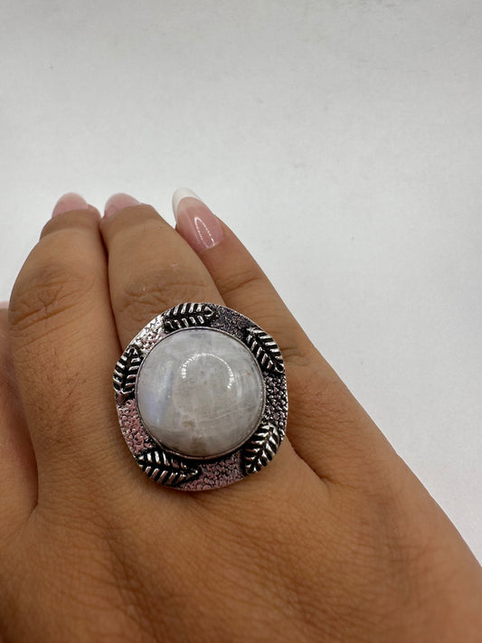 Vintage Blue White Rainbow Moonstone Silver Cocktail Statement Ring