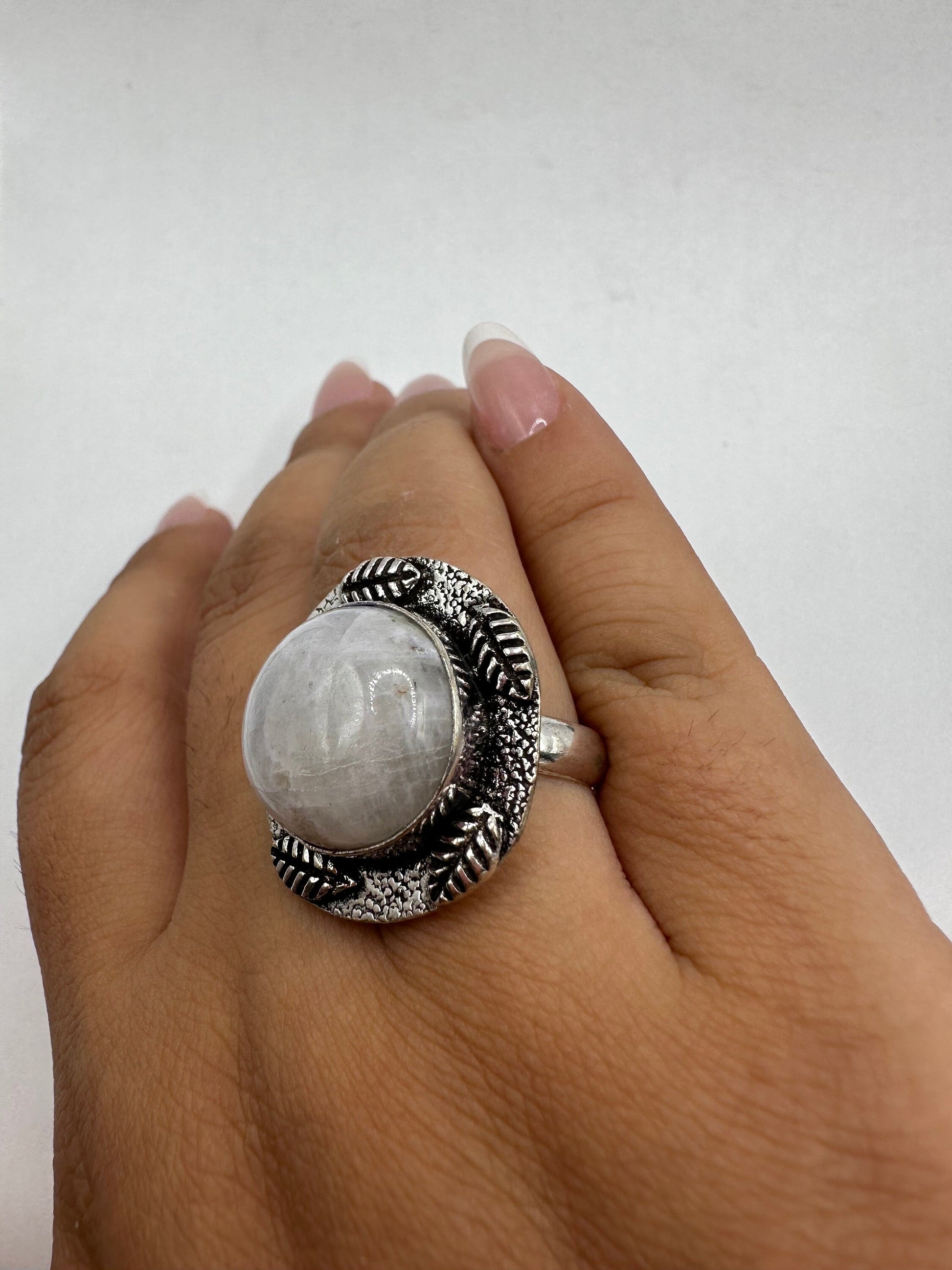 Vintage Blue White Rainbow Moonstone Silver Cocktail Statement Ring