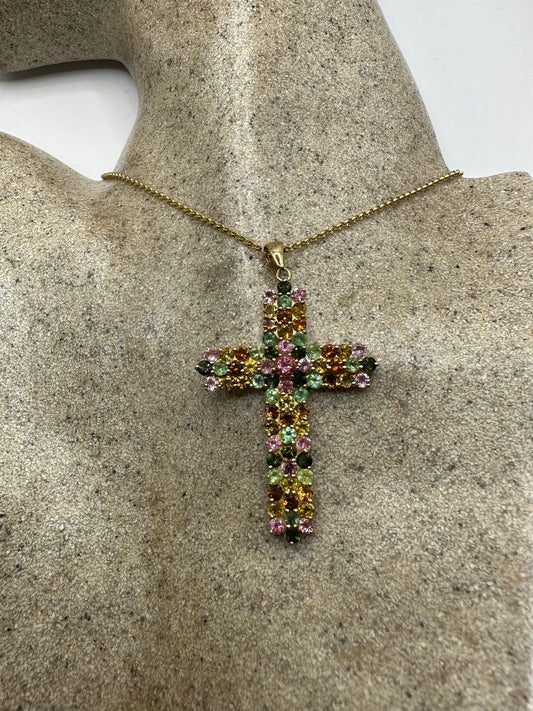 Vintage Tourmaline Cross 925 Sterling Silver Pendant Choker Necklace