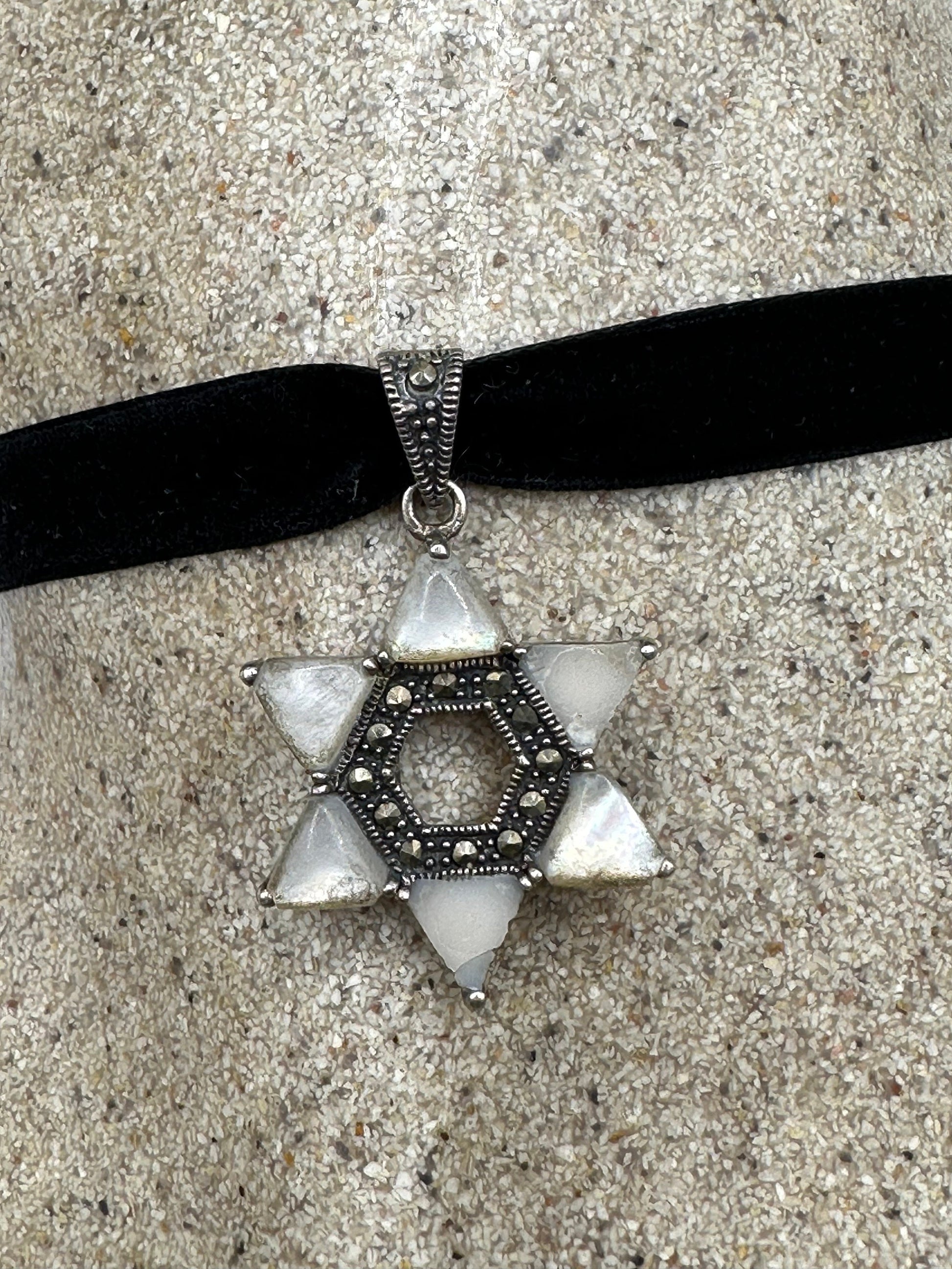 Vintage Marcasite Star of David Choker 925 Sterling Silver Pendant Necklace