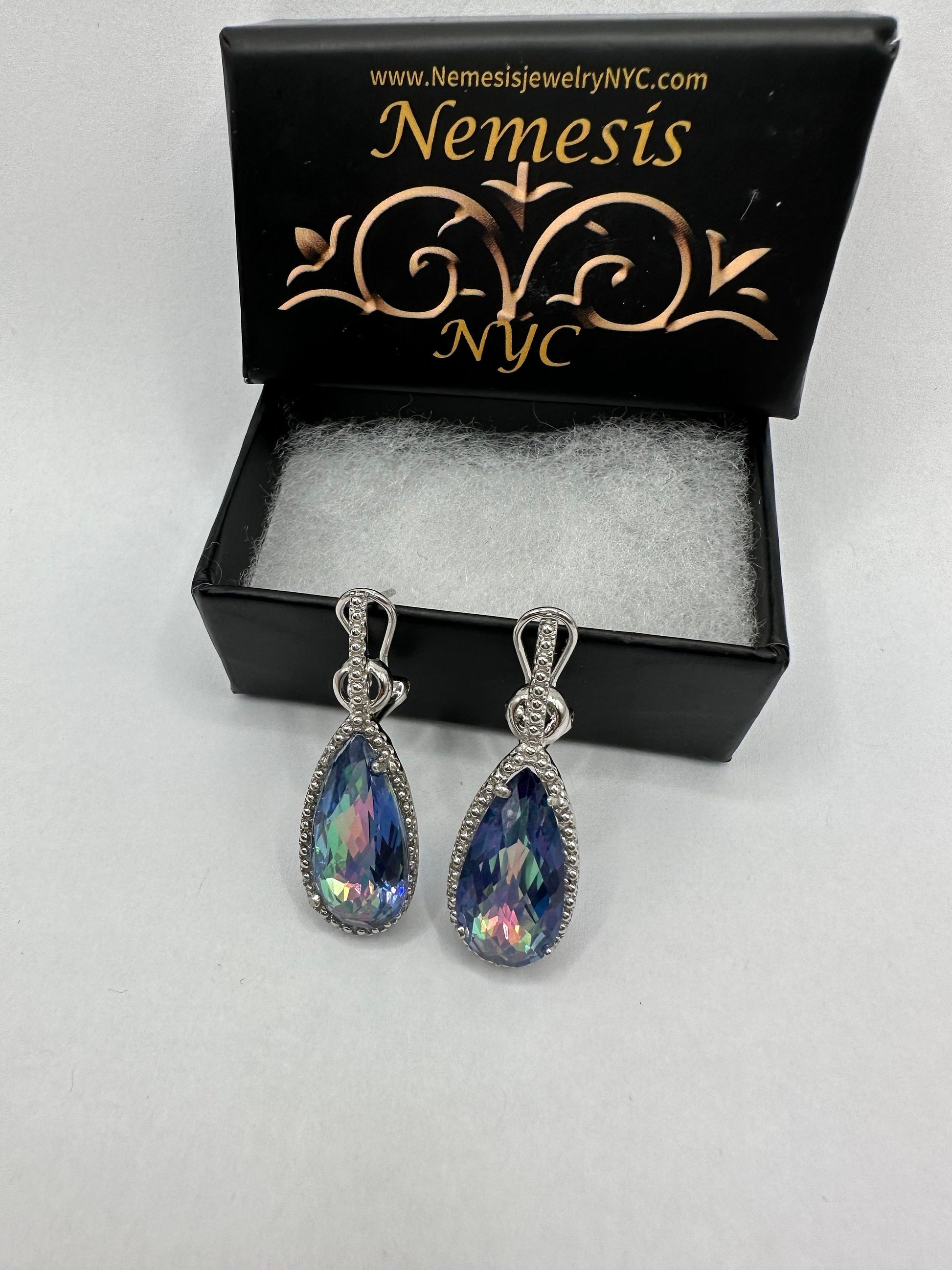 Vintage Blue Mystic Topaz White Sapphire 925 Sterling Silver Drop Earrings