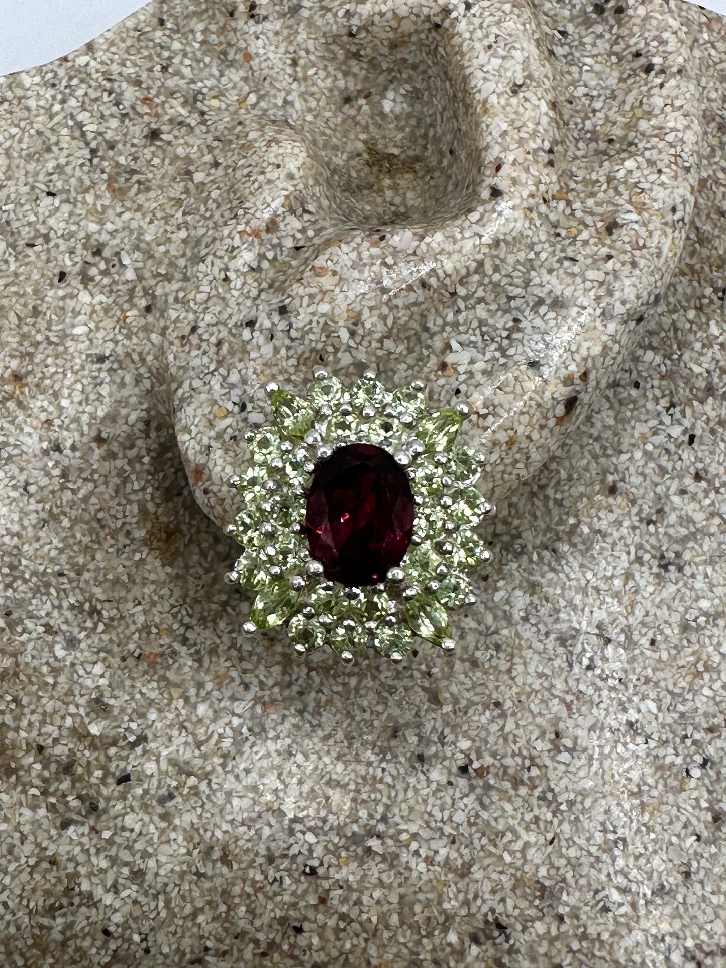 Vintage Handmade 925 Sterling Silver Bohemian Garnet Peridot Stud Earrings