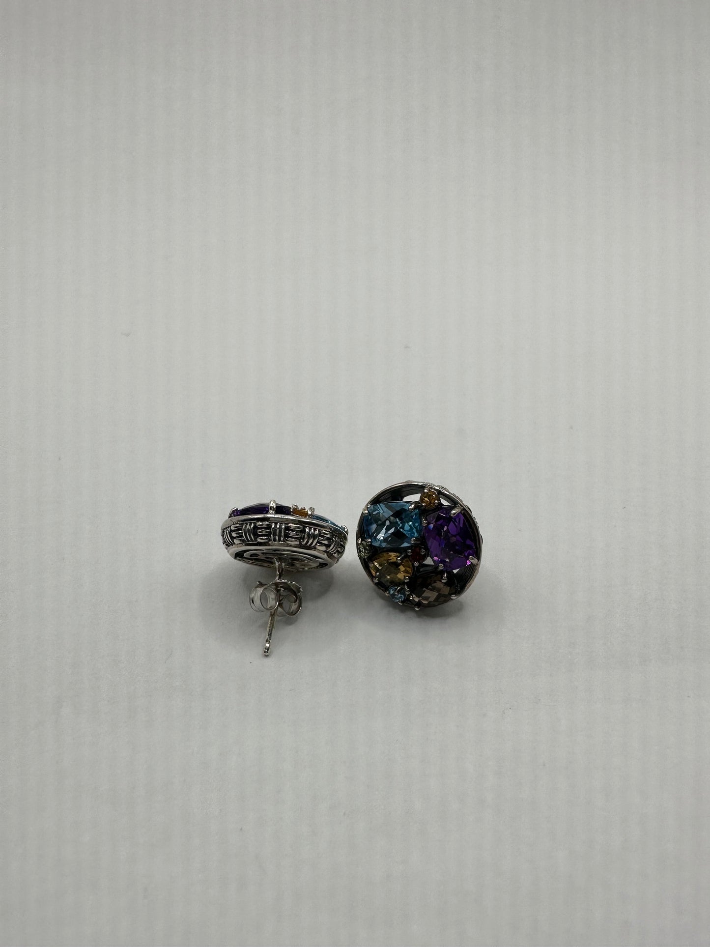 Vintage Mixed Genuine Gemstone 925 Sterling Silver Button Stud Earrings