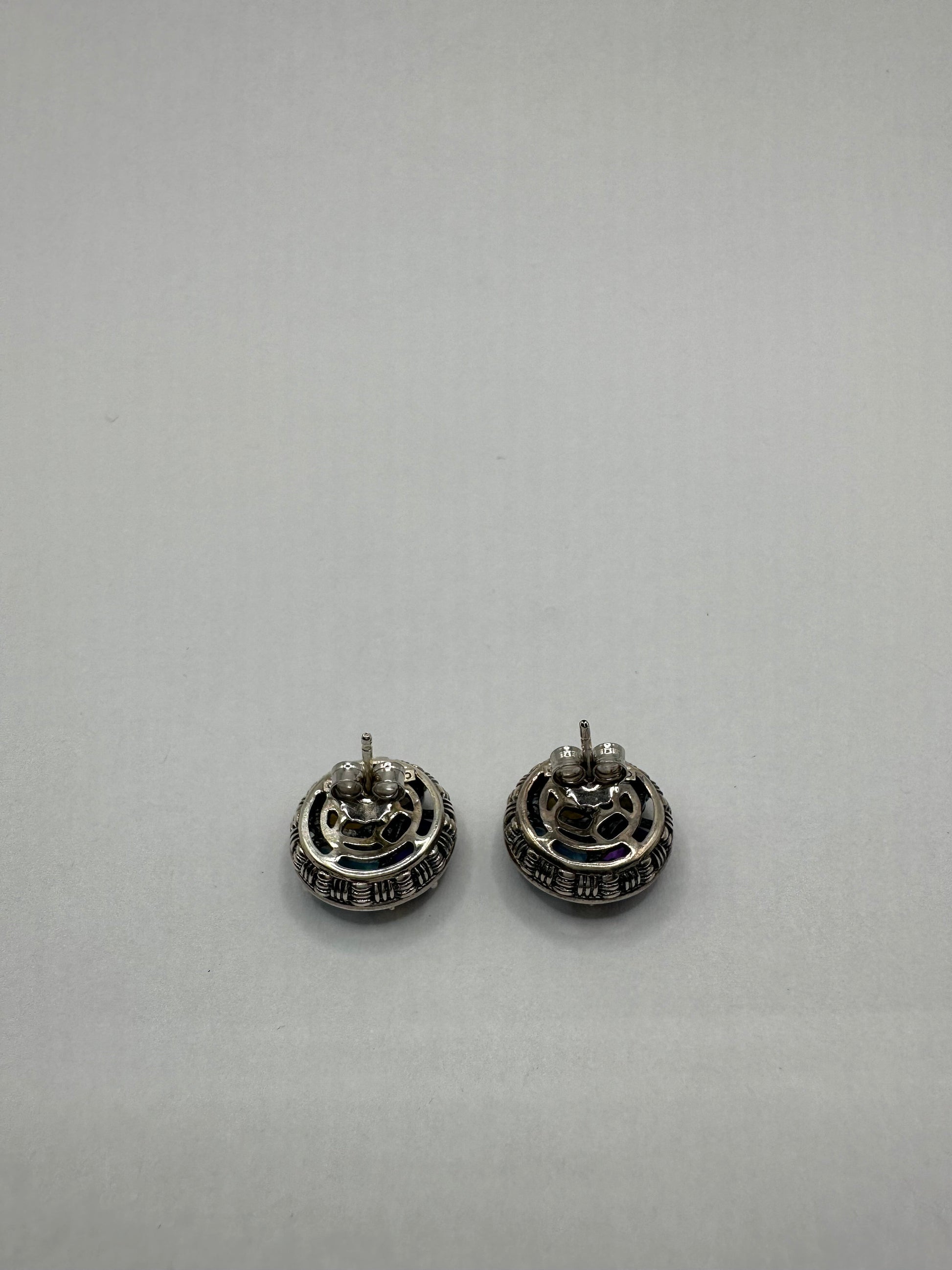 Vintage Mixed Genuine Gemstone 925 Sterling Silver Button Stud Earrings