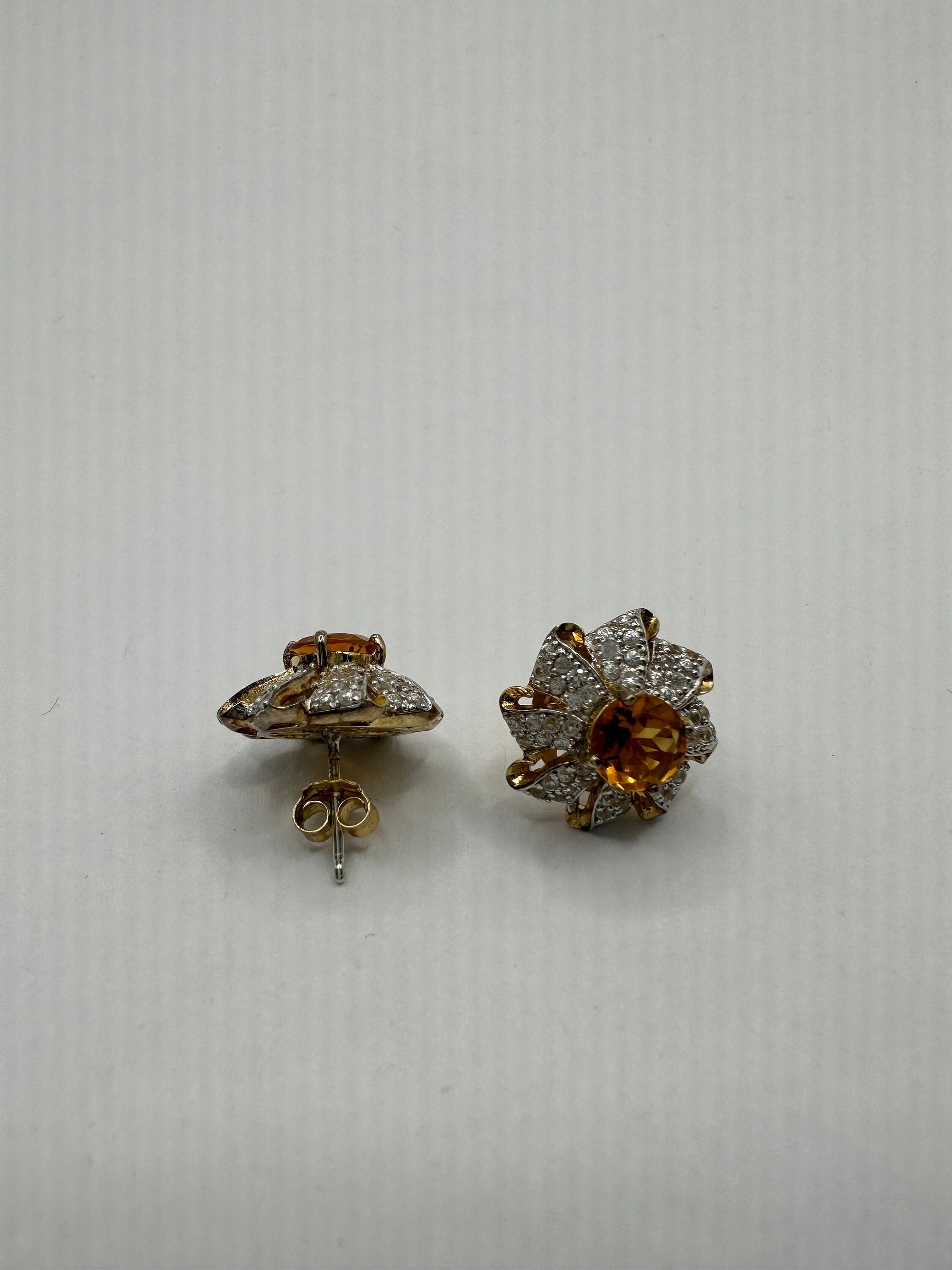 Vintage Citrine Earrings 925 Sterling Silver Deco Studs Button