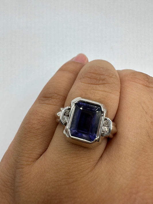 Vintage Deep Blue Iolite Diamond 14k White Gold Deco Ring Size 8