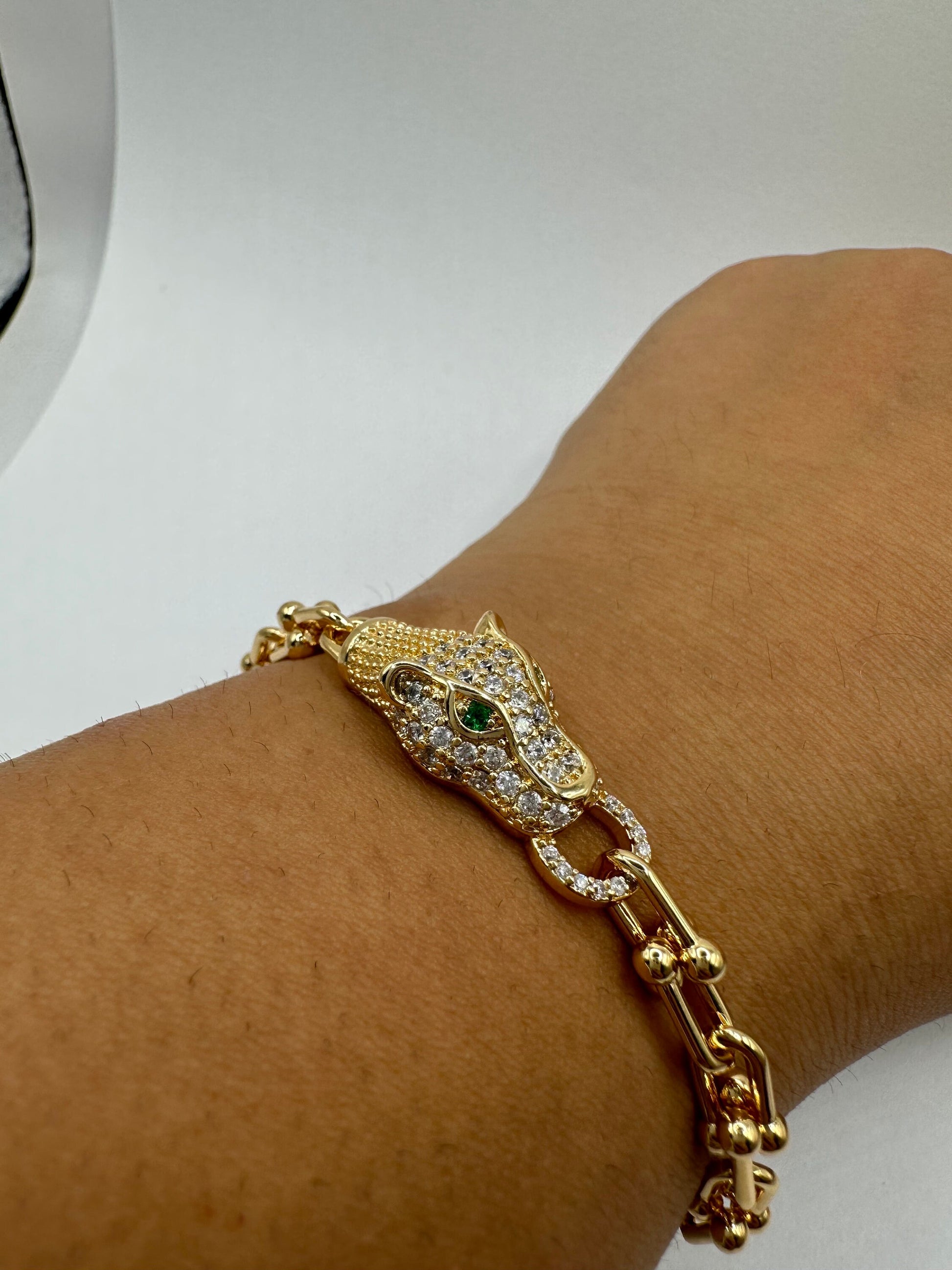 Vintage Cougar Cat Bangle Bracelet Gold filled Green Crystal Eyes