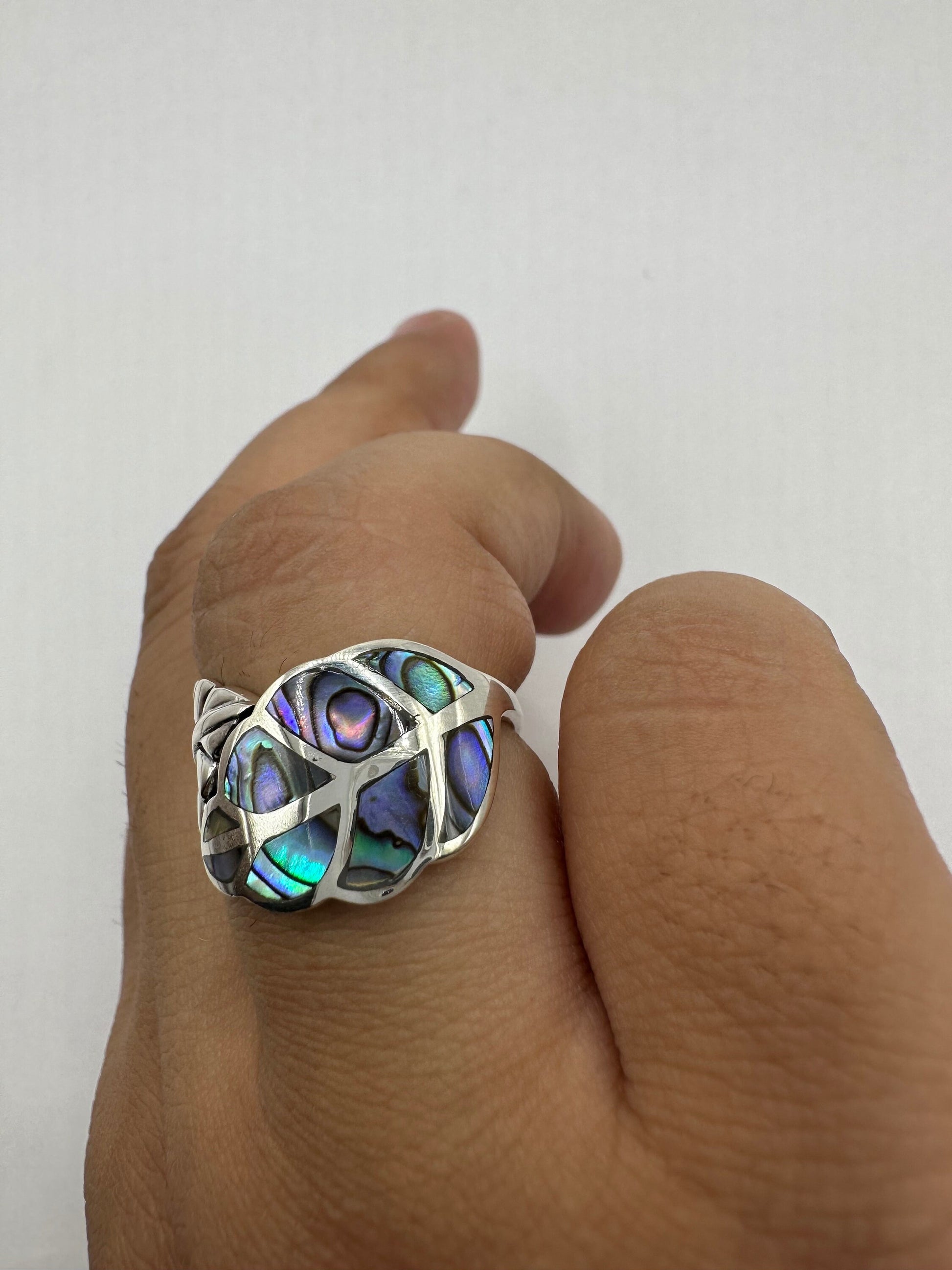 Antique Deco Mother of Pearl Leaf 925 Sterling Silver Ring