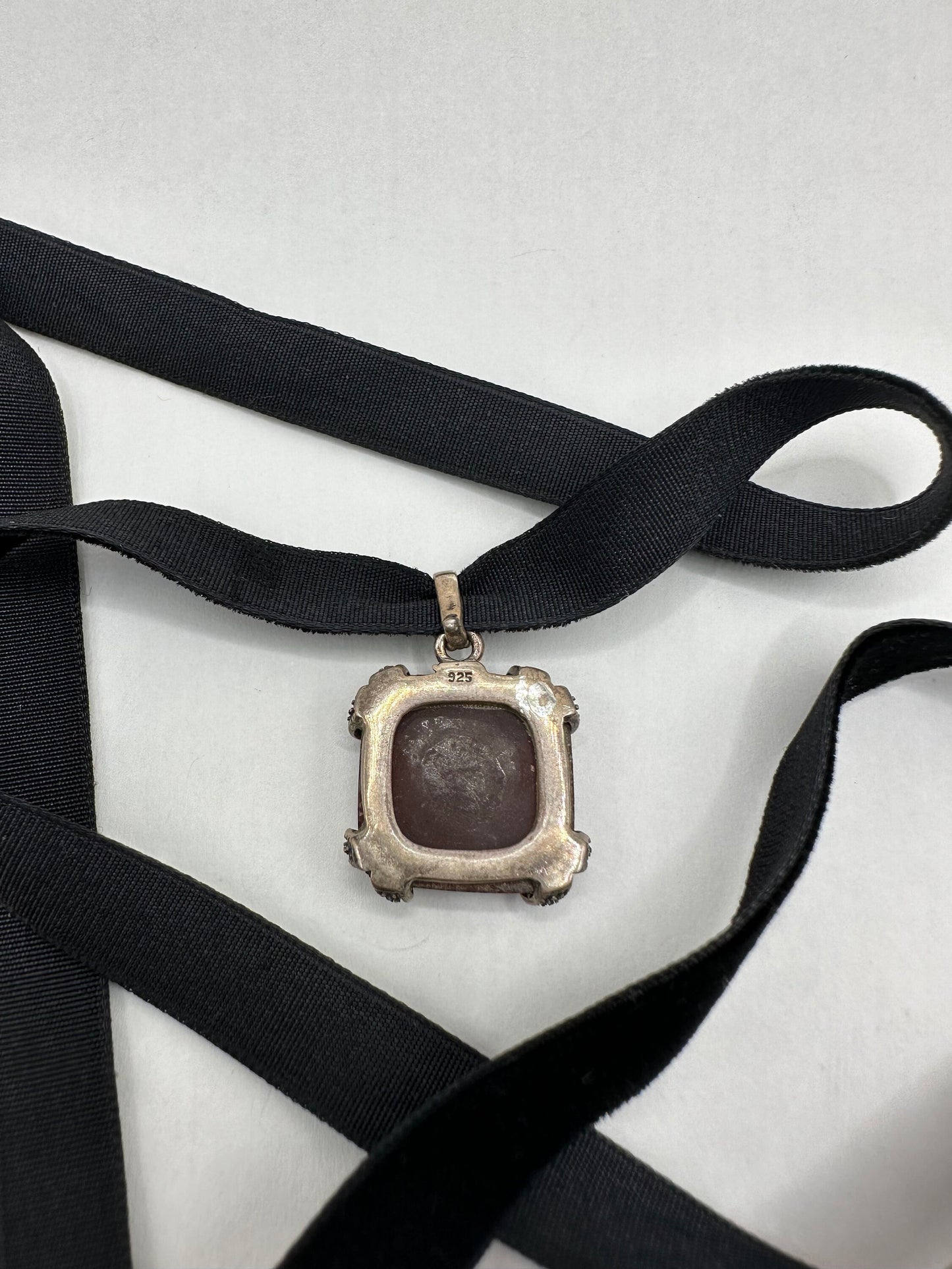 Vintage Marcasite Choker 925 Sterling Silver Deco Carnelian Pendant Necklace