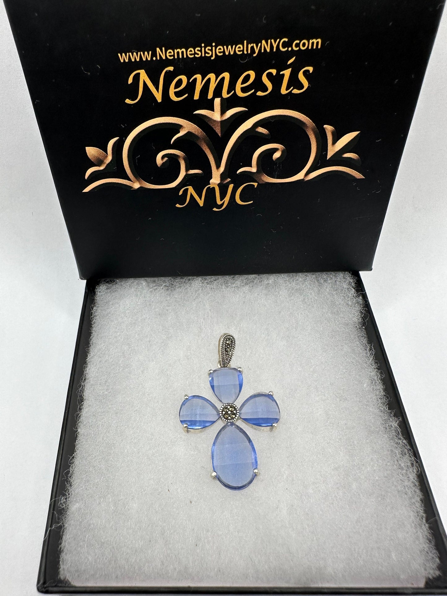 Vintage Marcasite Choker 925 Sterling Silver Deco Blue Crystal Cross Pendant Necklace
