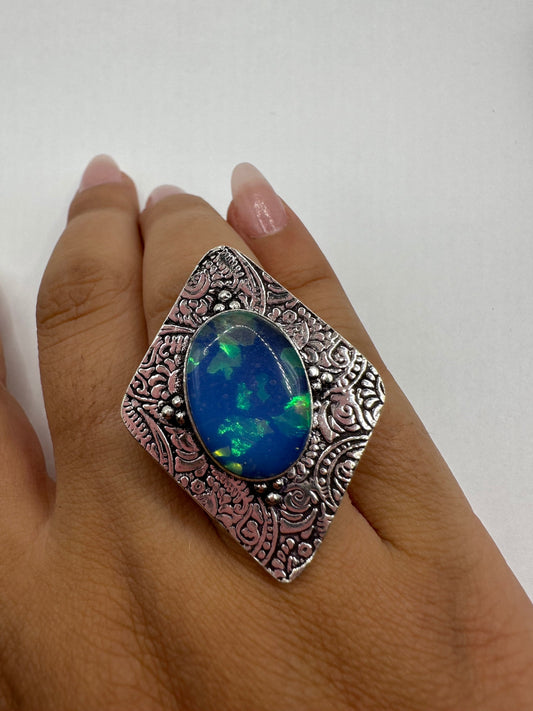 Vintage Aqua Butterfly Wing Art Glass Ring