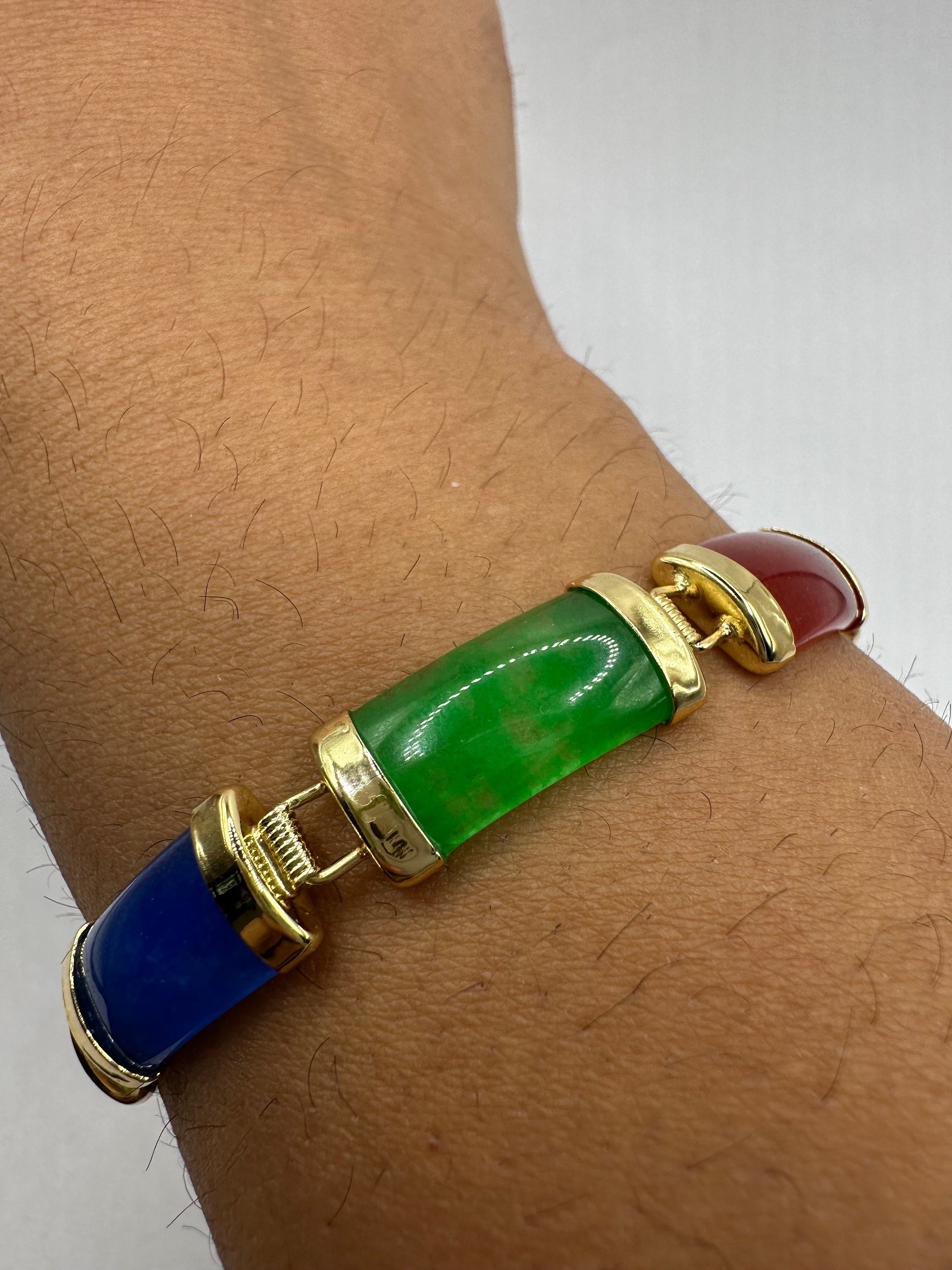 Vintage Green Jade Bracelet Golden Bronze