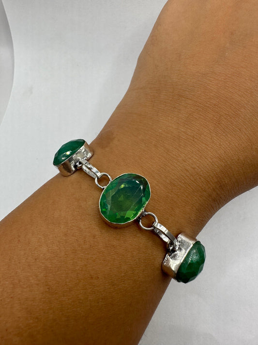 Vintage green raw emerald and glass Silver Toggle Bracelet