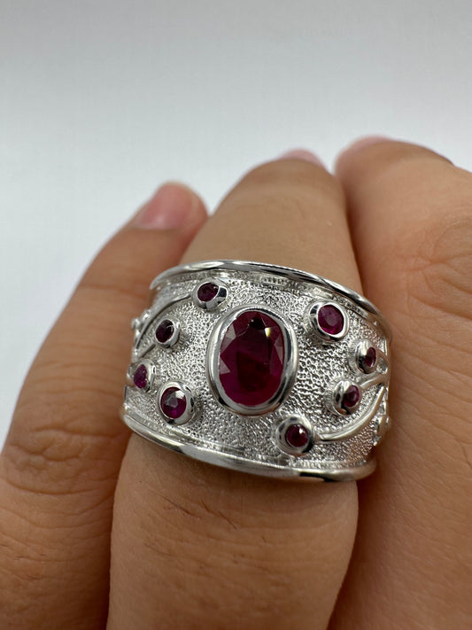 Vintage Pink Ruby 925 Sterling Silver Wedding Band Ring