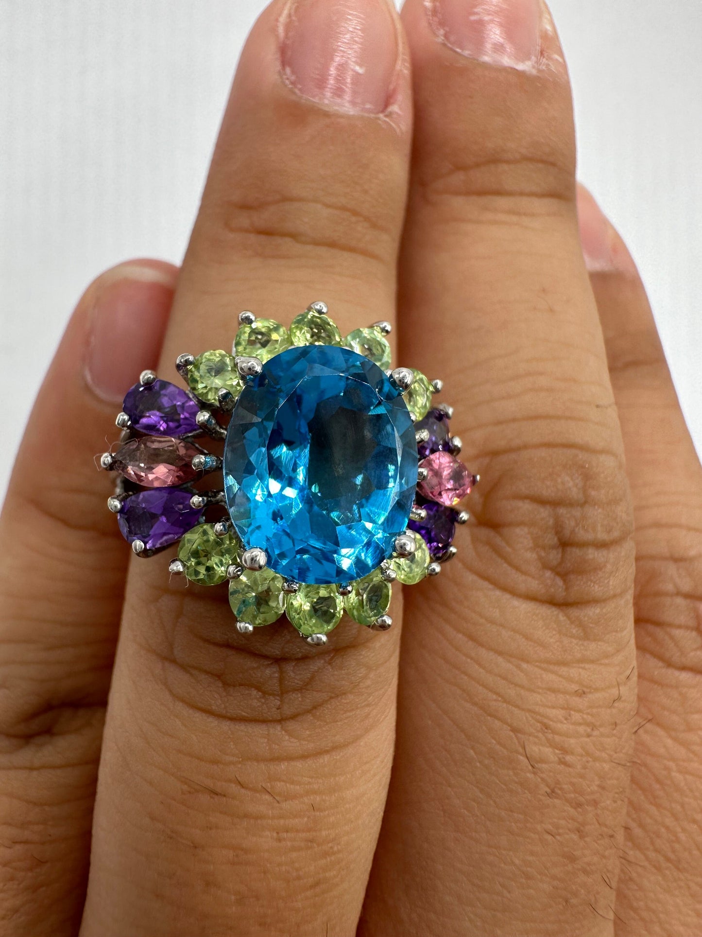 Vintage geniune blue topaz mix gemstone 925 sterling silver cocktail Ring